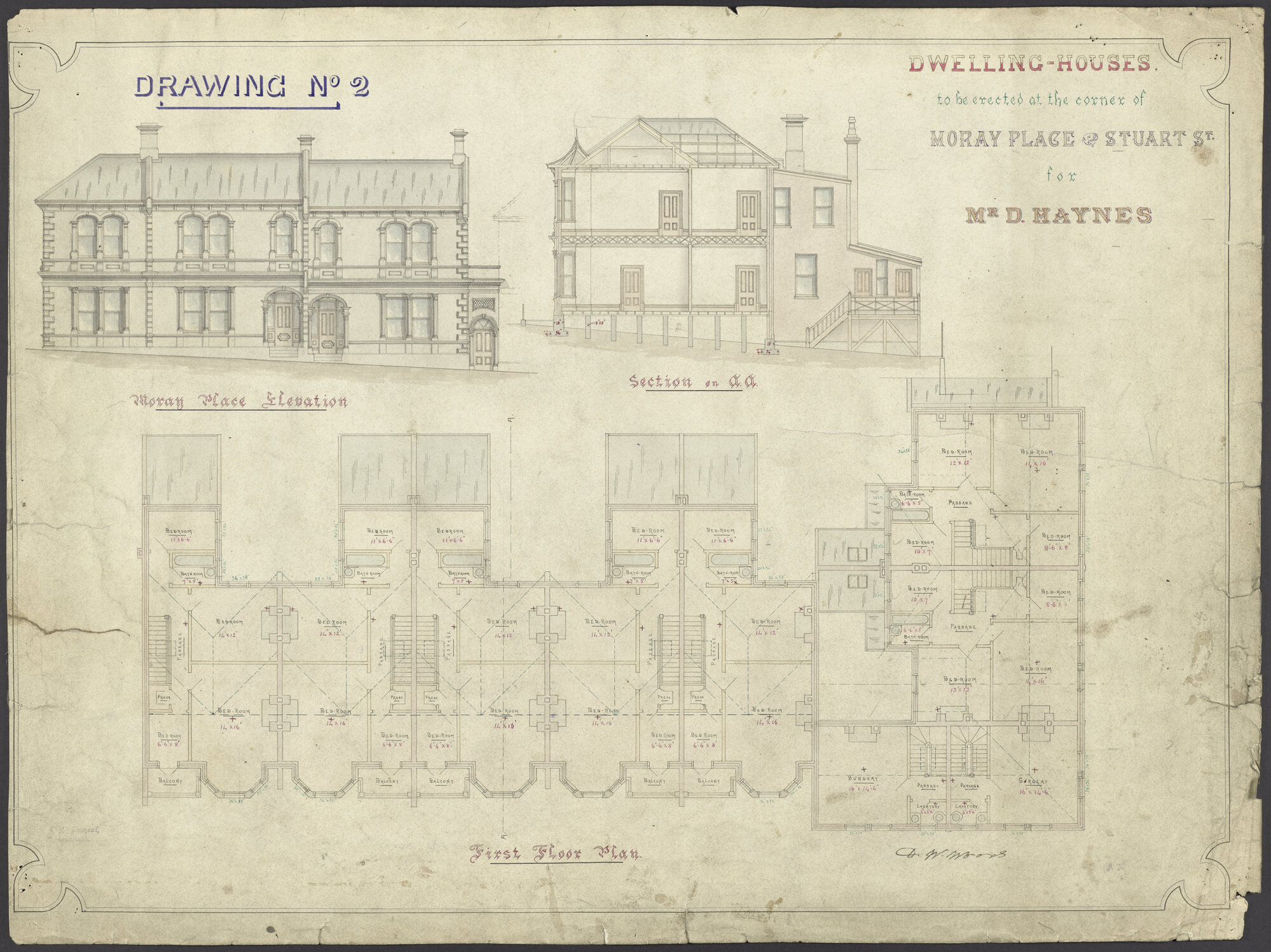 D. Haynes, plan for dwelling houses at the corner of Stuart Street and Moray Place, Dunedin