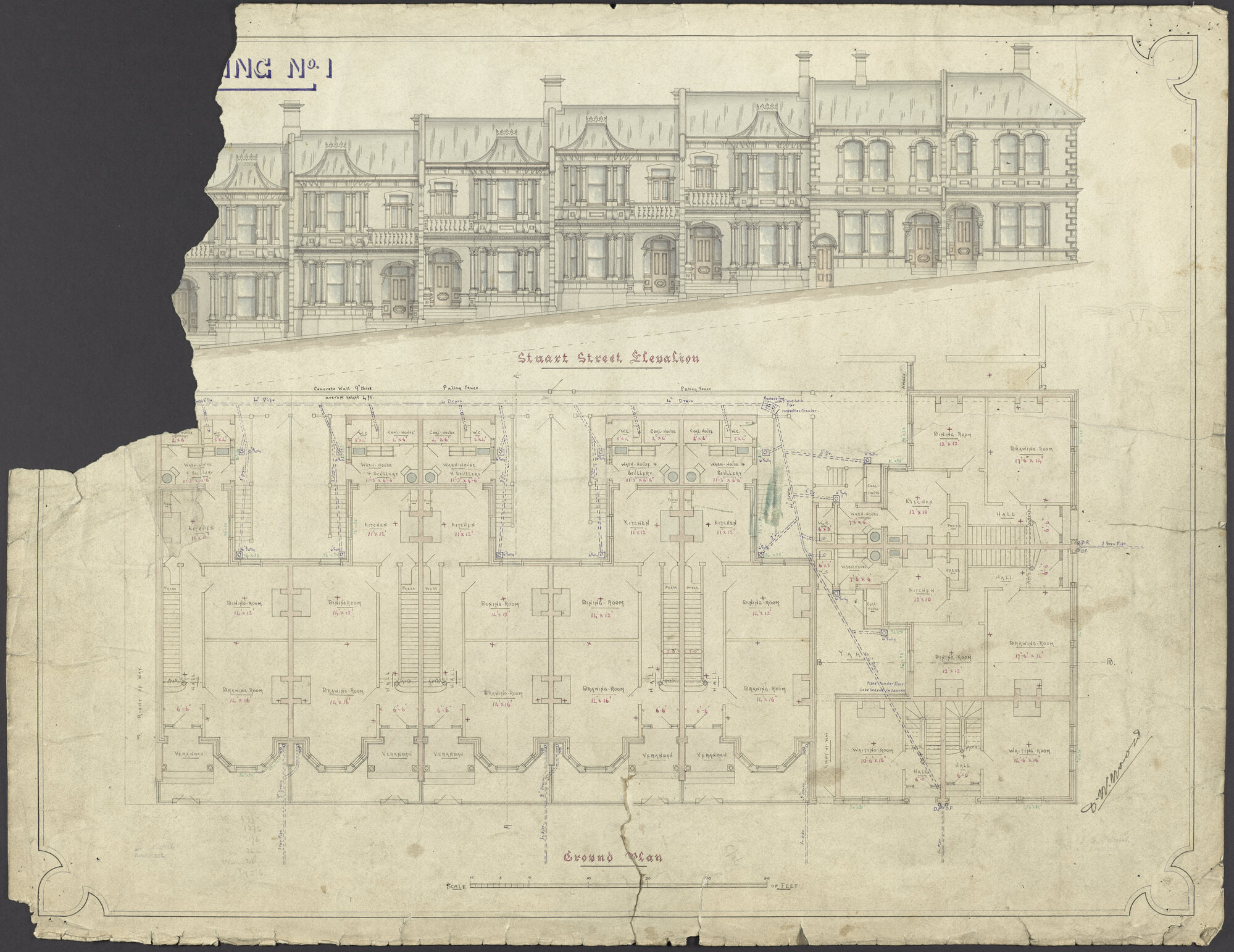 D. Haynes, plan for dwelling houses at the corner of Stuart Street and Moray Place, Dunedin