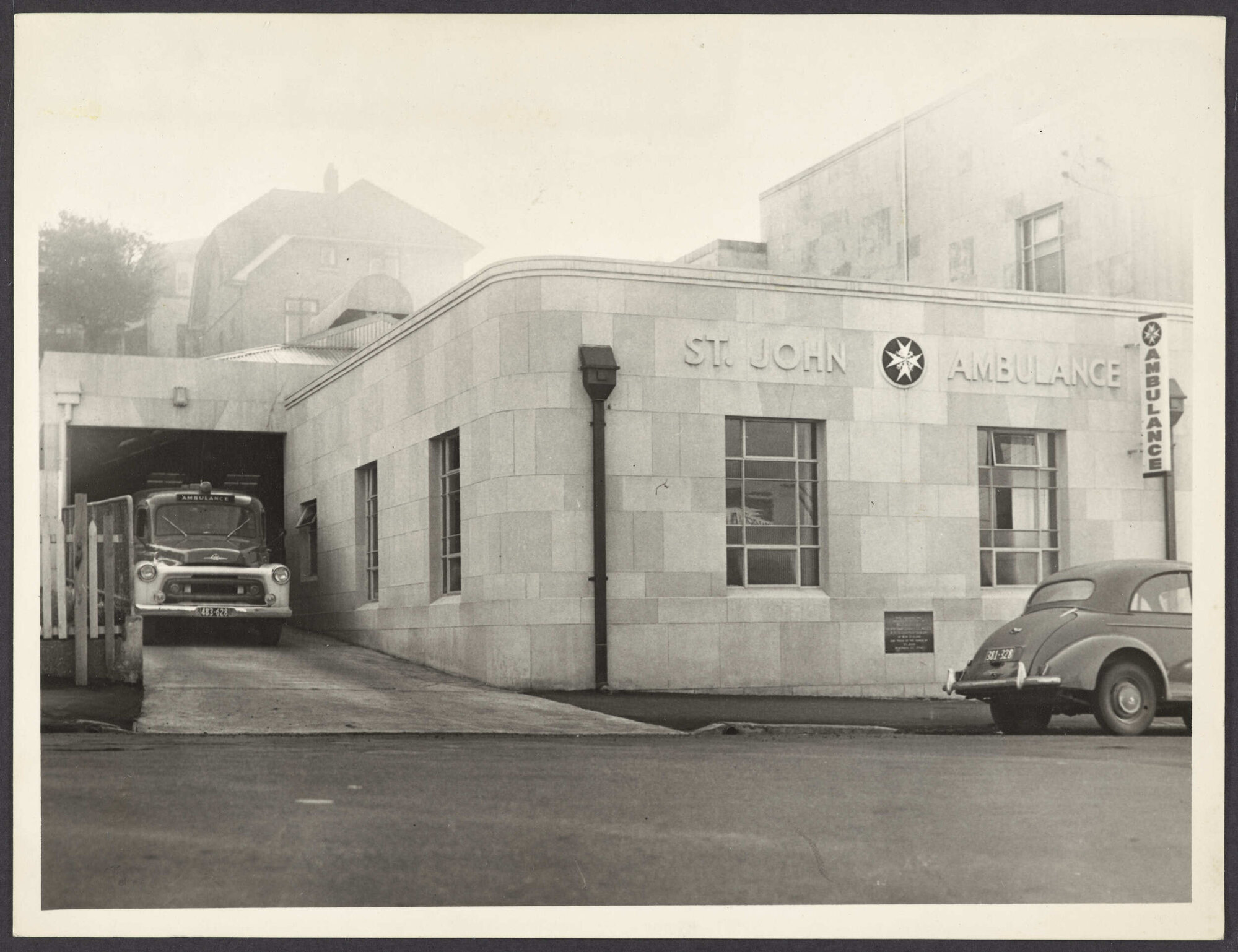 St John Ambulance Association ambulance bay and buildings from York Place