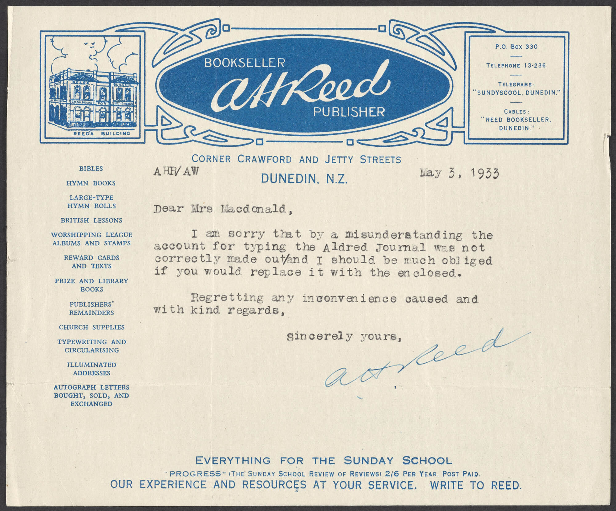 A.H. Reed letterhead