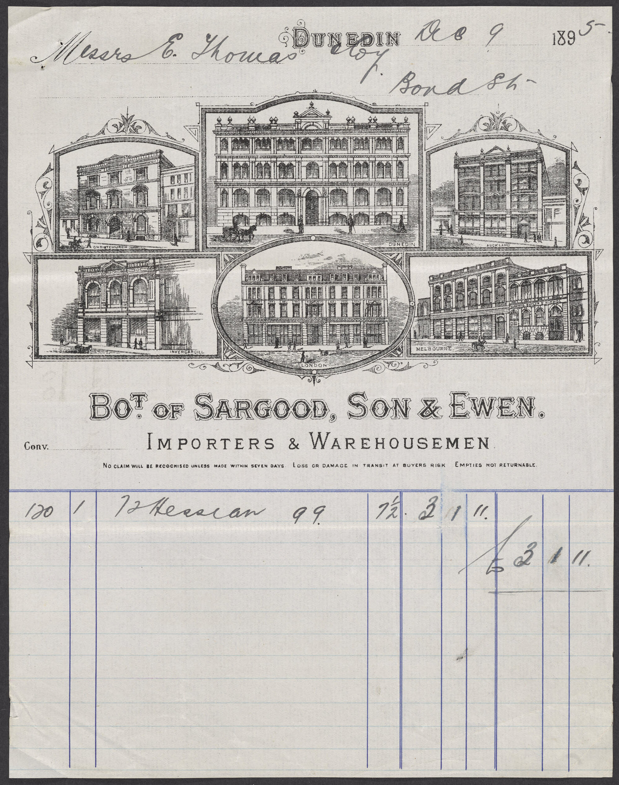 Sargood, Son and Ewen billhead