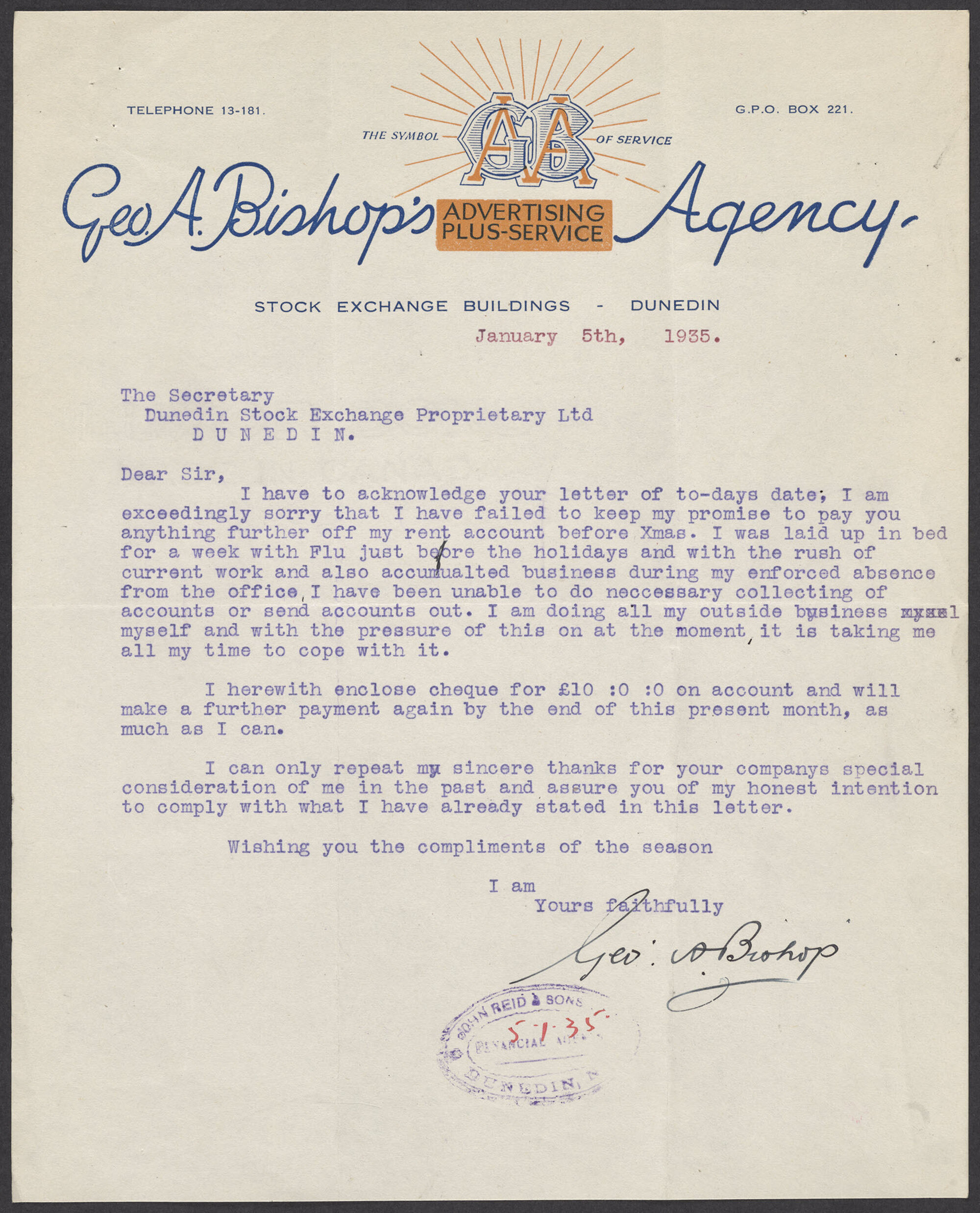 Geo. A. Bishop's Advertising-plus Service Agency letterhead