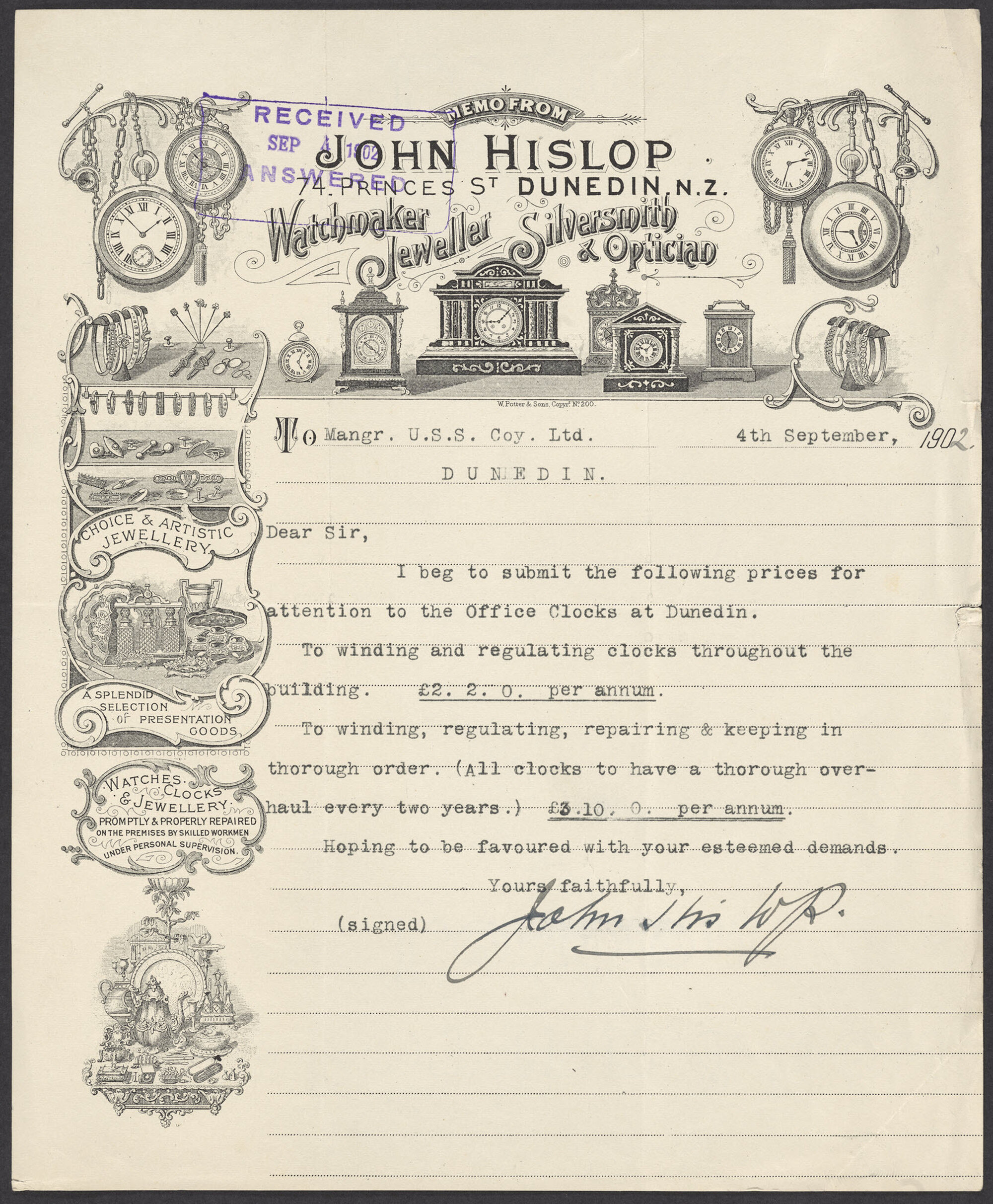 John Hislop letterhead