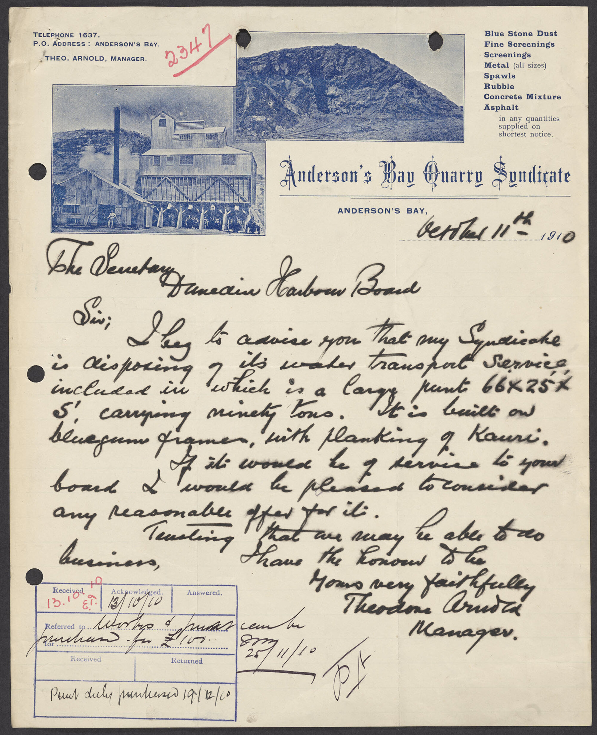 Anderson's Bay Quarry Syndicate letterhead