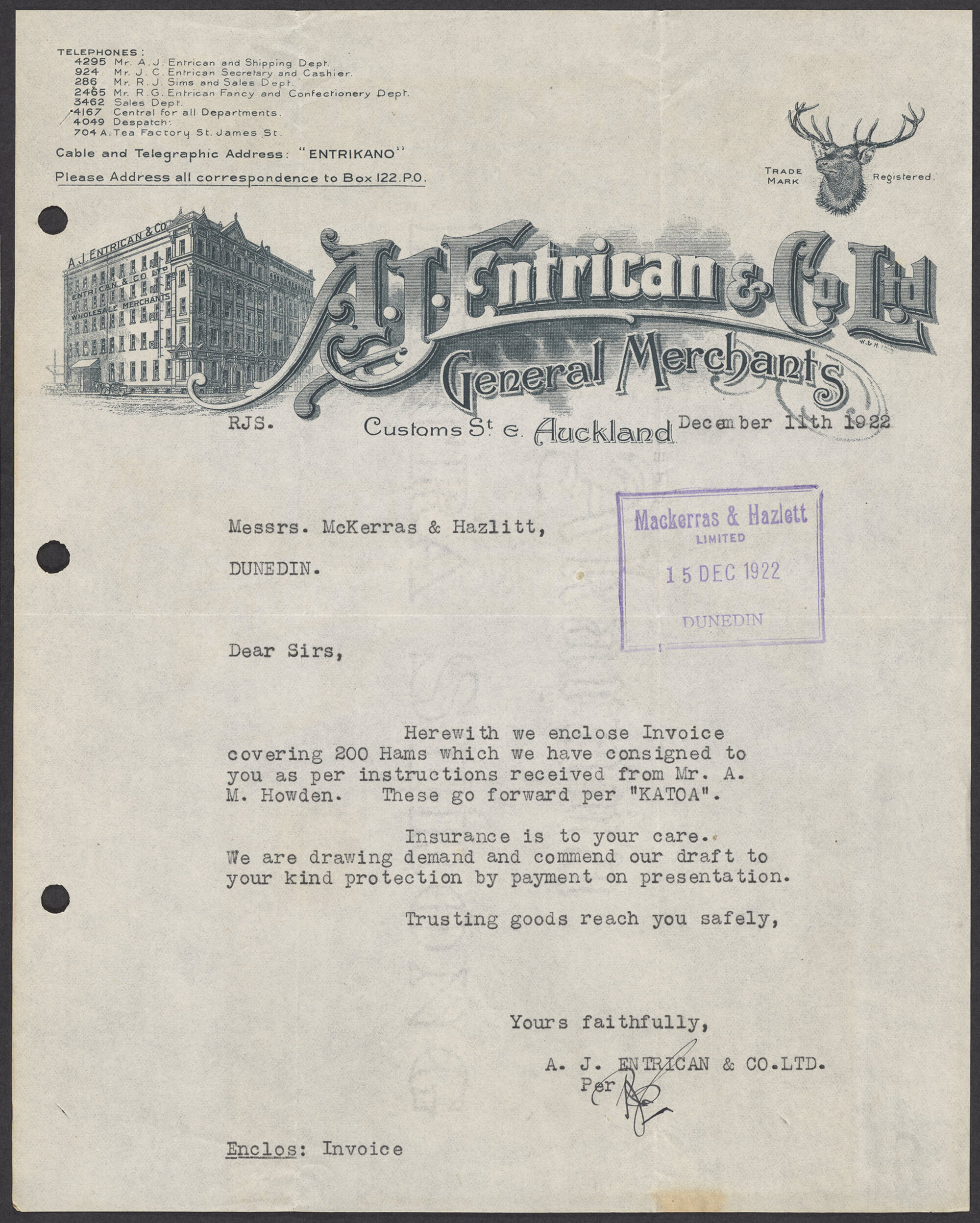 A.J. Entrican and Company letterhead
