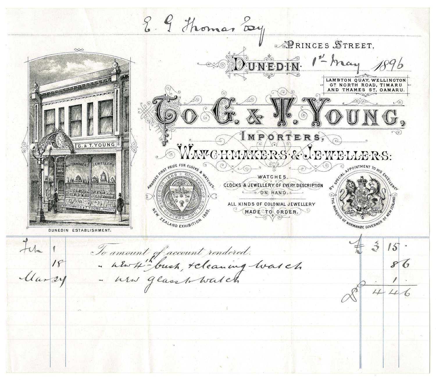 G. &amp; T. Young, Dunedin, billhead