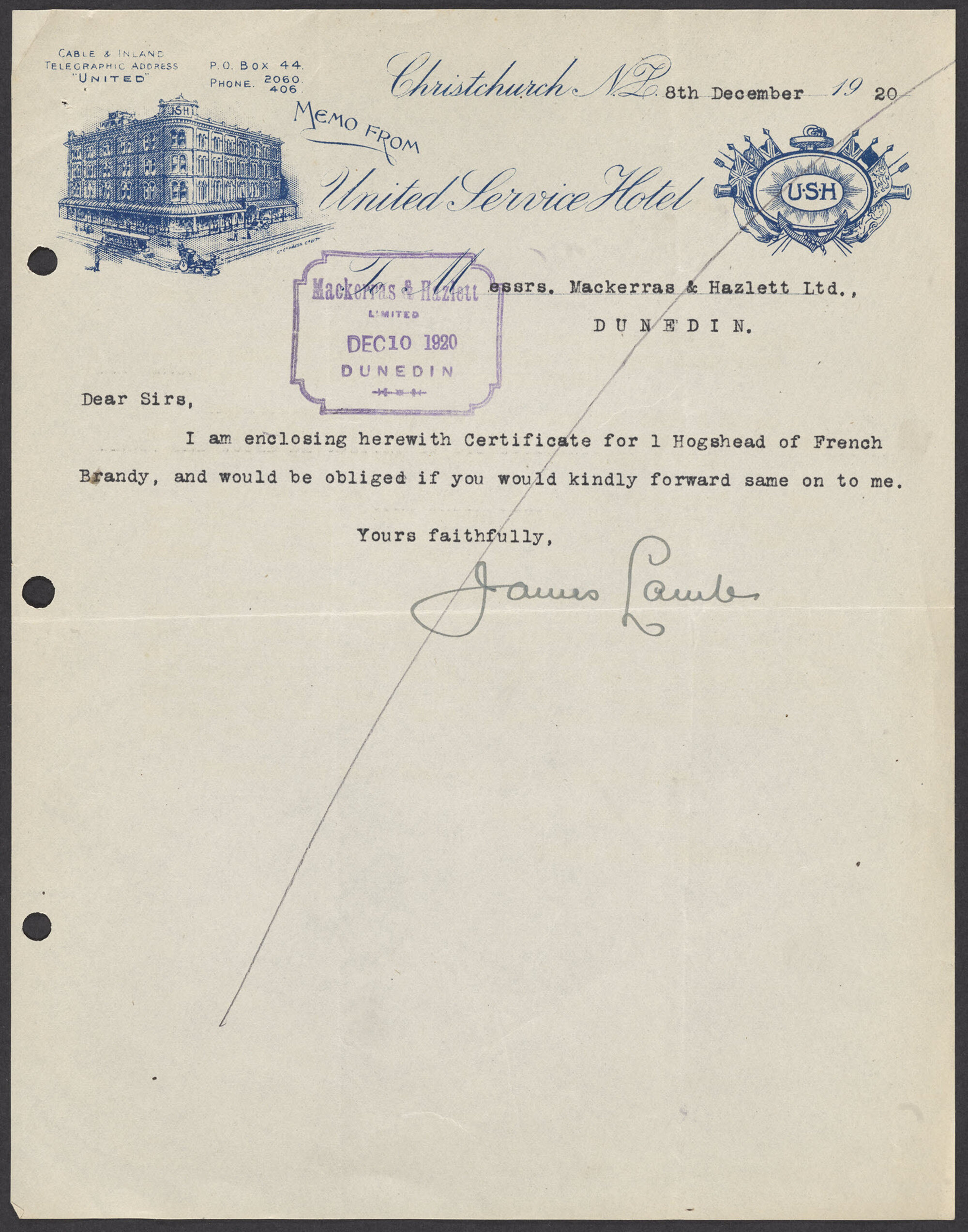 United Service Hotel letterhead