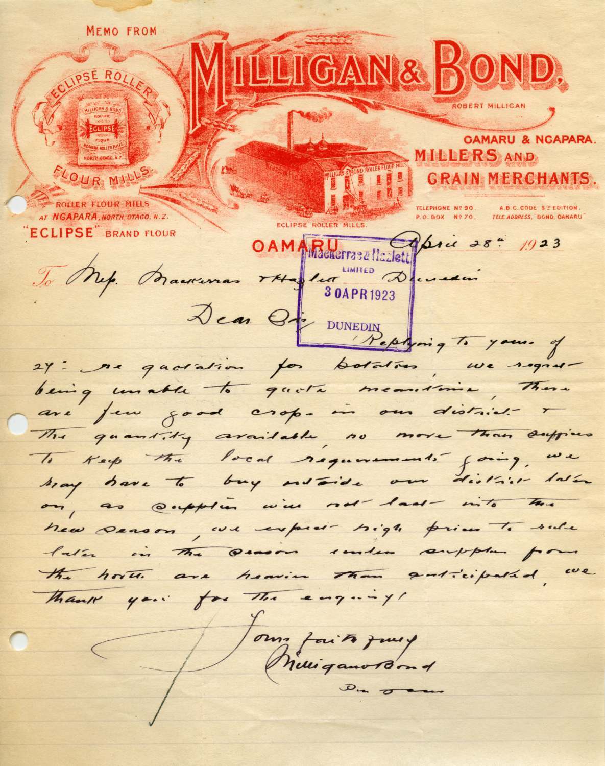 Milligan and Bond letterhead