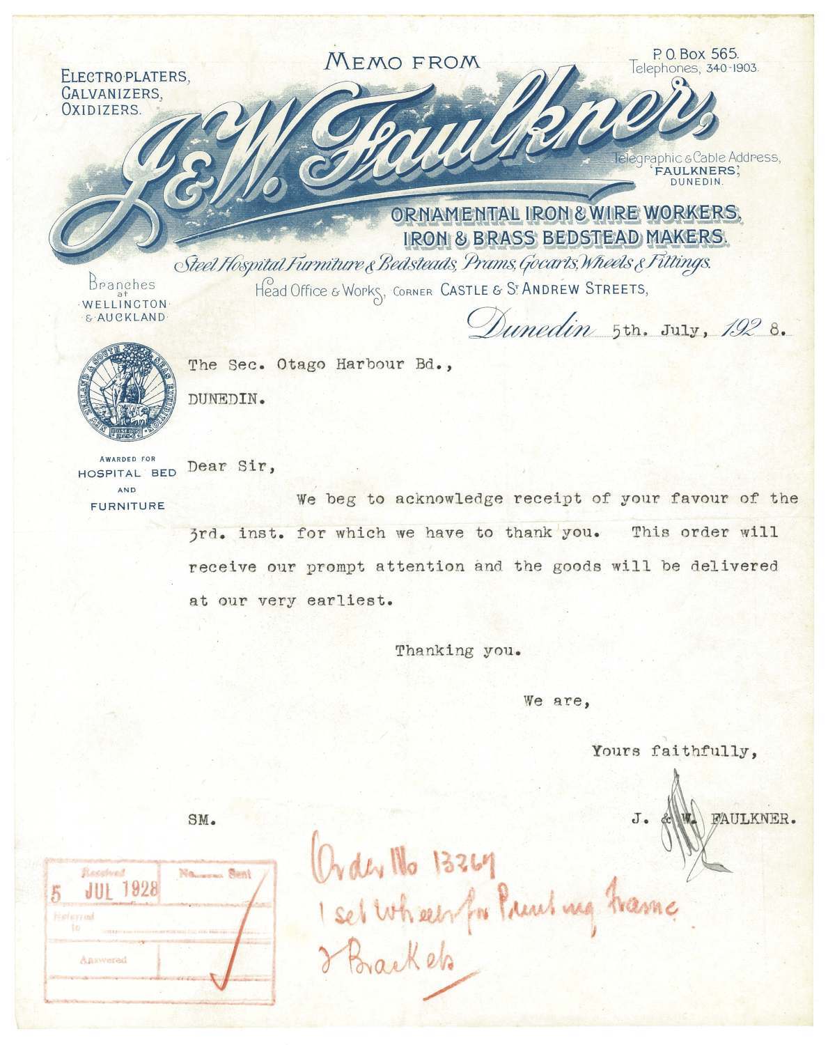 J. &amp; W. Faulkner letterhead