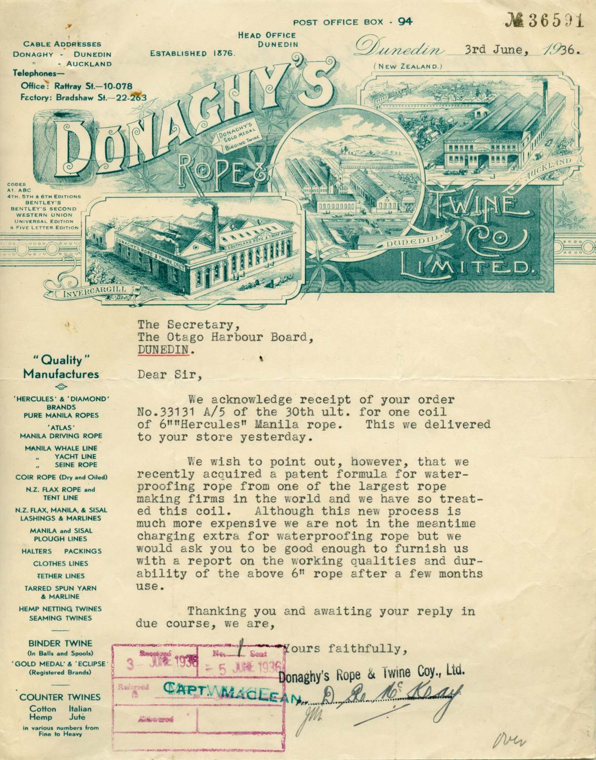 Donaghys Rope and Twine Company Limited letterhead