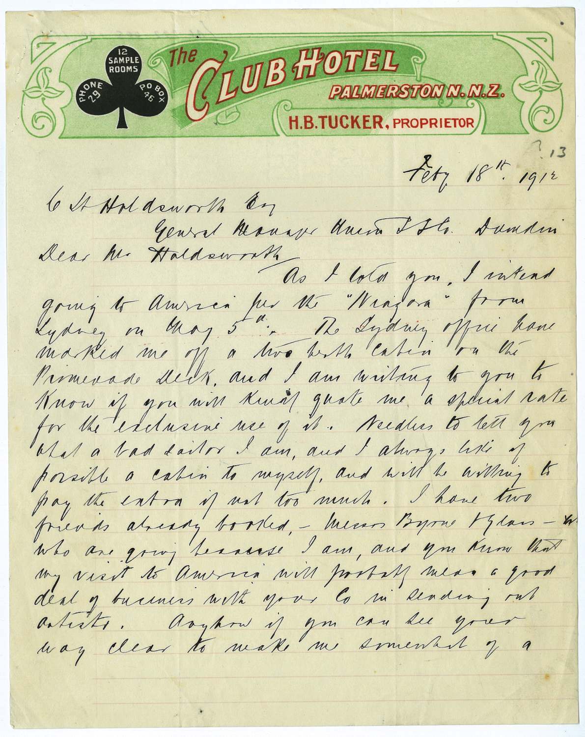 The Club Hotel, Palmerston North, letterhead