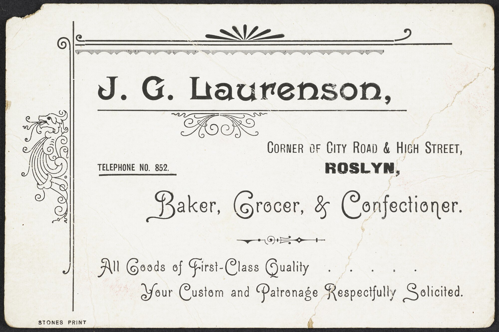 Business card for J.G. Laurenson, 'Baker, Grocer, &amp; Confectioner'
