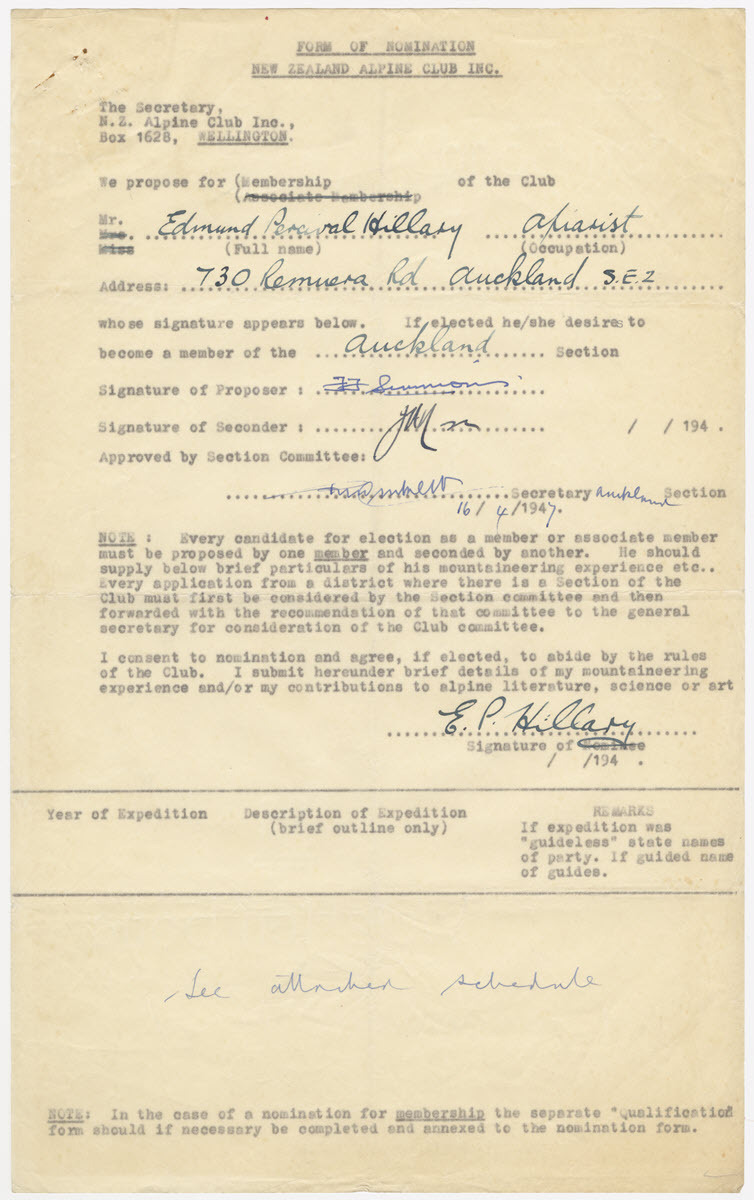 Application of Edmund Hillary to join the New Zealand Alpine Club
