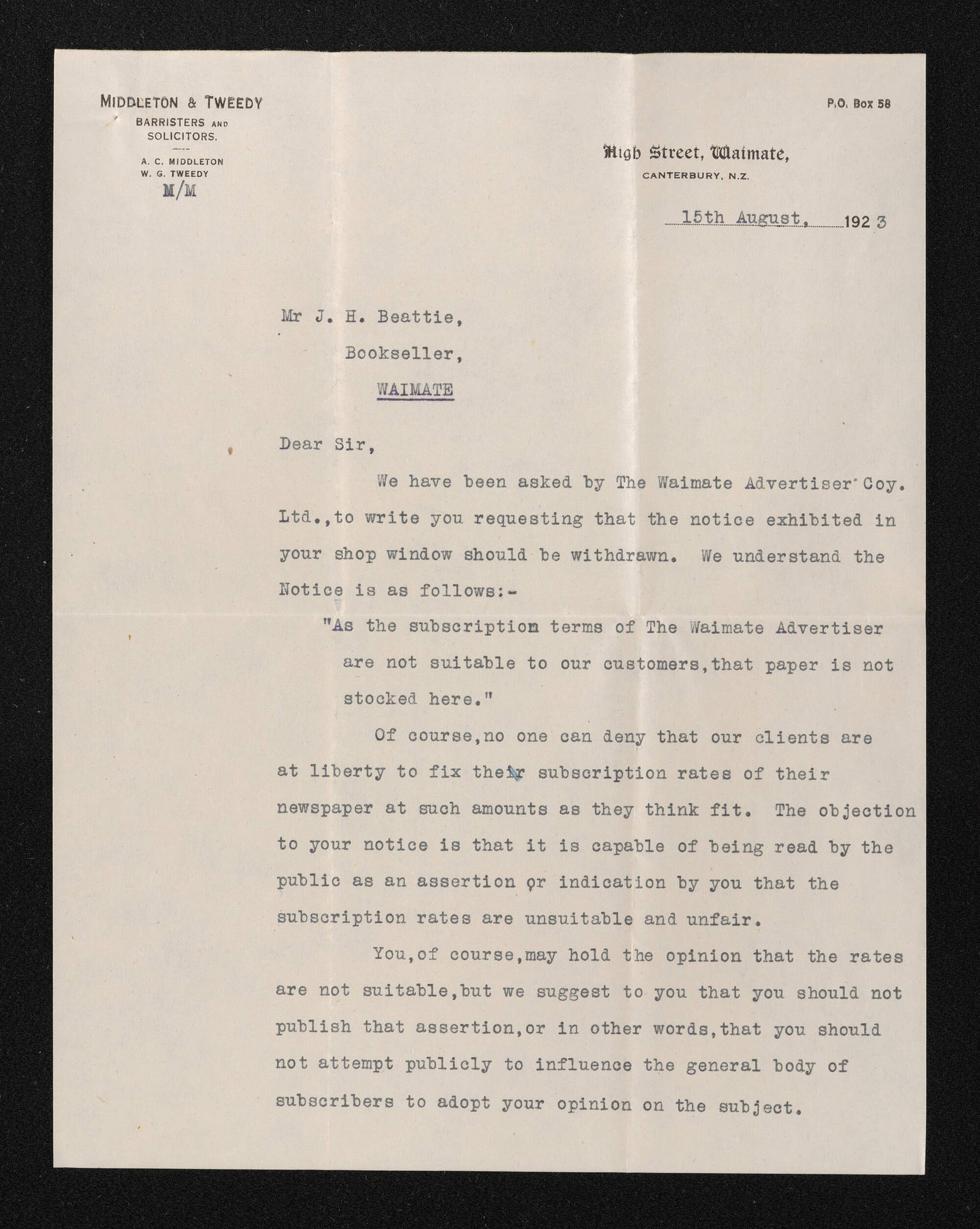 Letter, 15 August 1923, from Middleton &amp; Tweedy, barristers and solicitors, to Herries Beattie