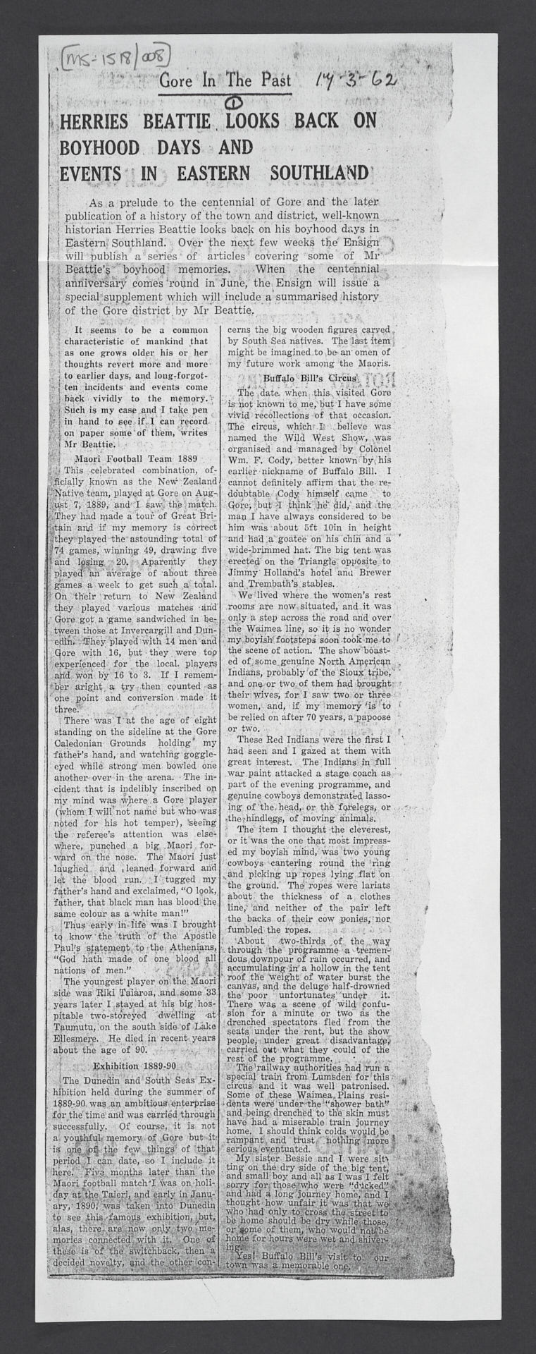 Photocopy of a newspaper clipping in the Mataura Ensign, of an article by Herries entitled, 'Gore in the past; Herries Beattie looks back on boyhood days and events in Eastern Southland'