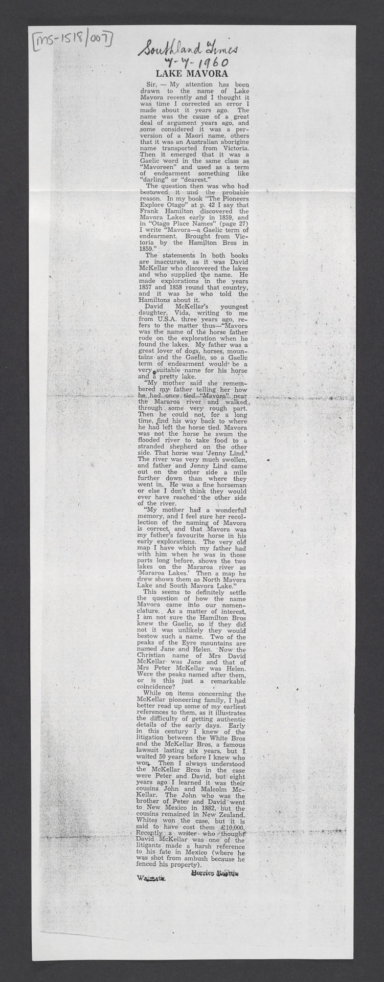 Photocopy of a newspaper clipping containing a letter to the 'Southland Times' from Herries, concerning Lake Mavora and the McKellar family