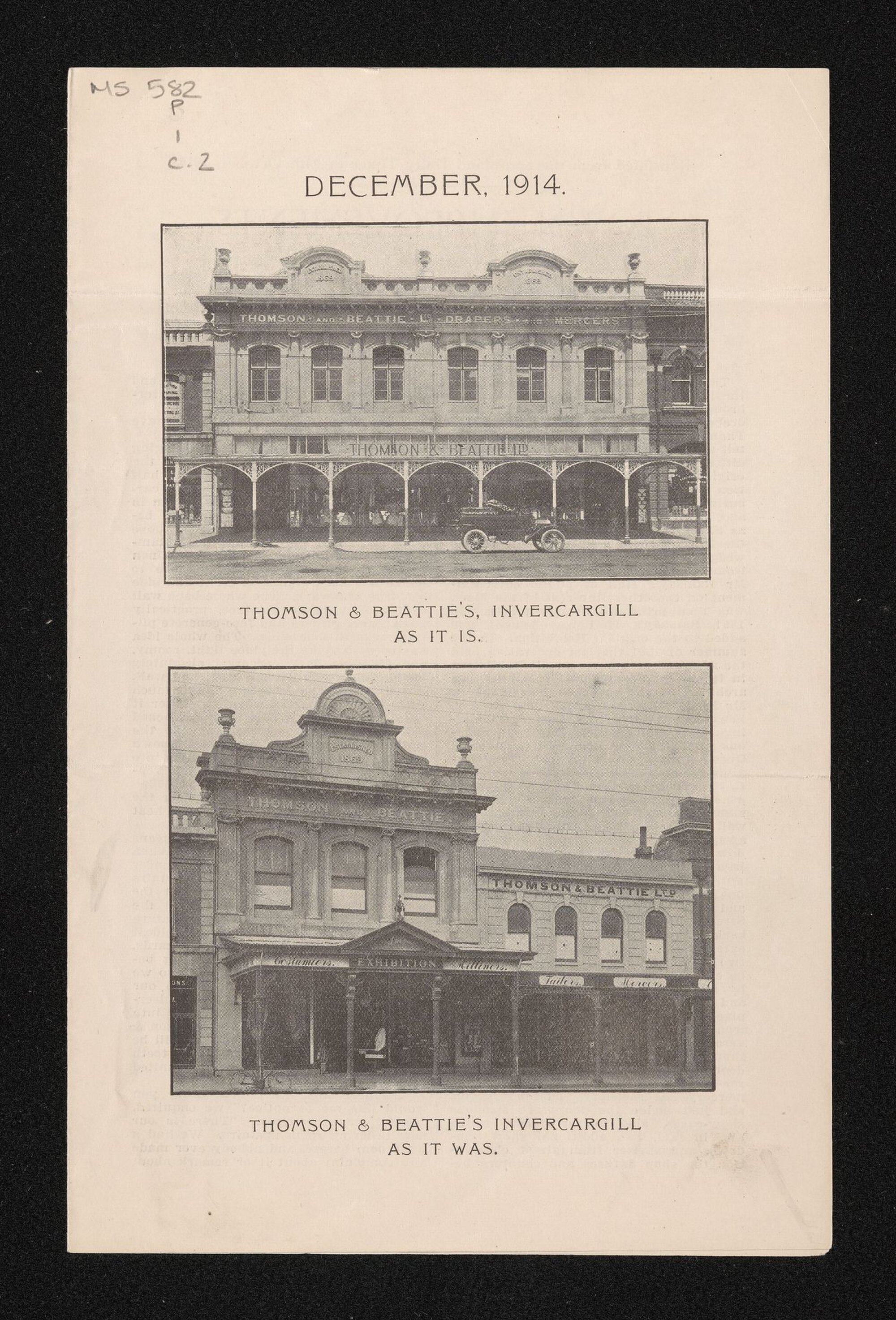 Newspaper advertisements and stories concerning the Thomson and Beattie Ltd store