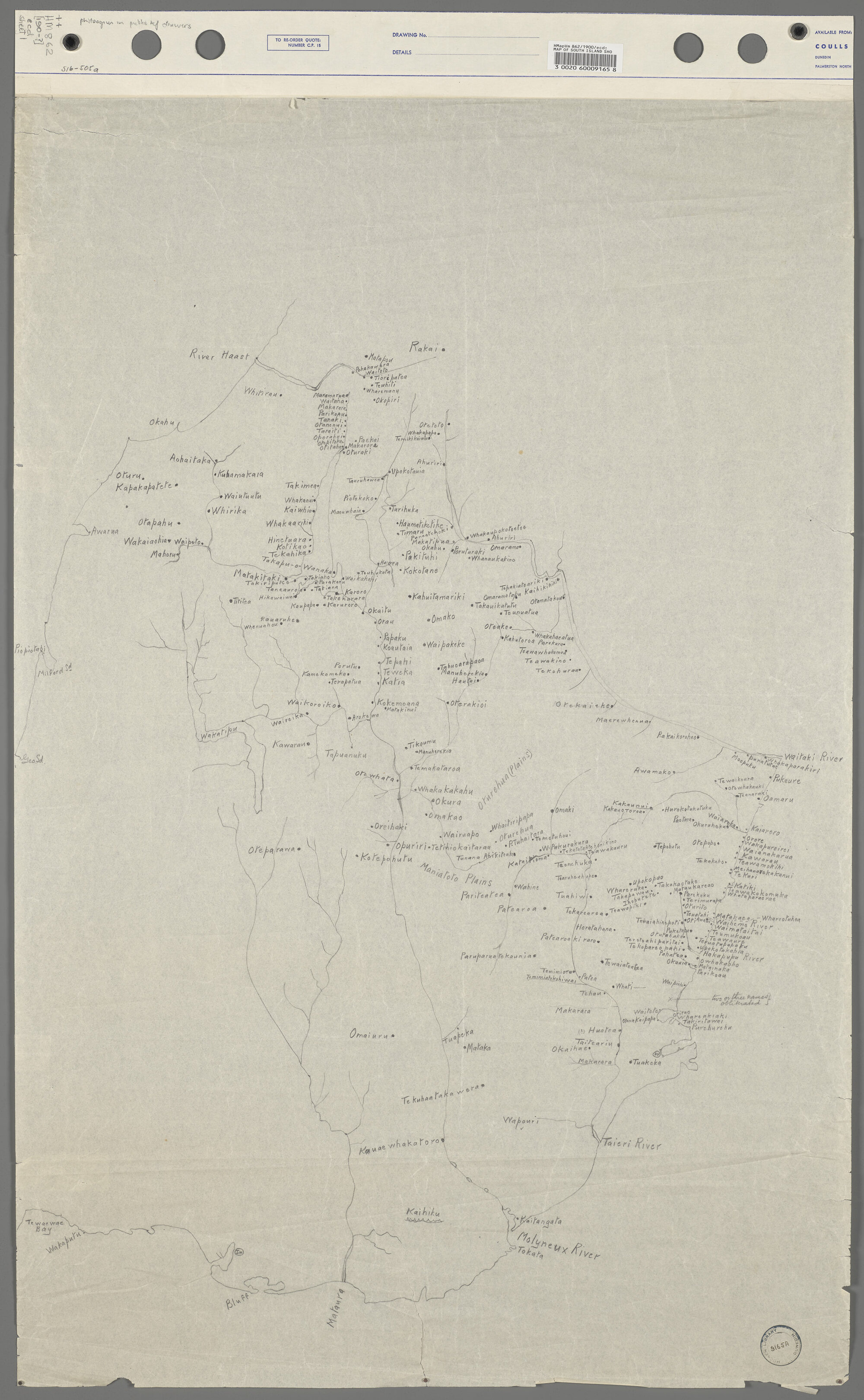 [Map of South Island showing Maori names: Copied from Maori Map ... / by James Herries Beattie]. Sheet 1.
