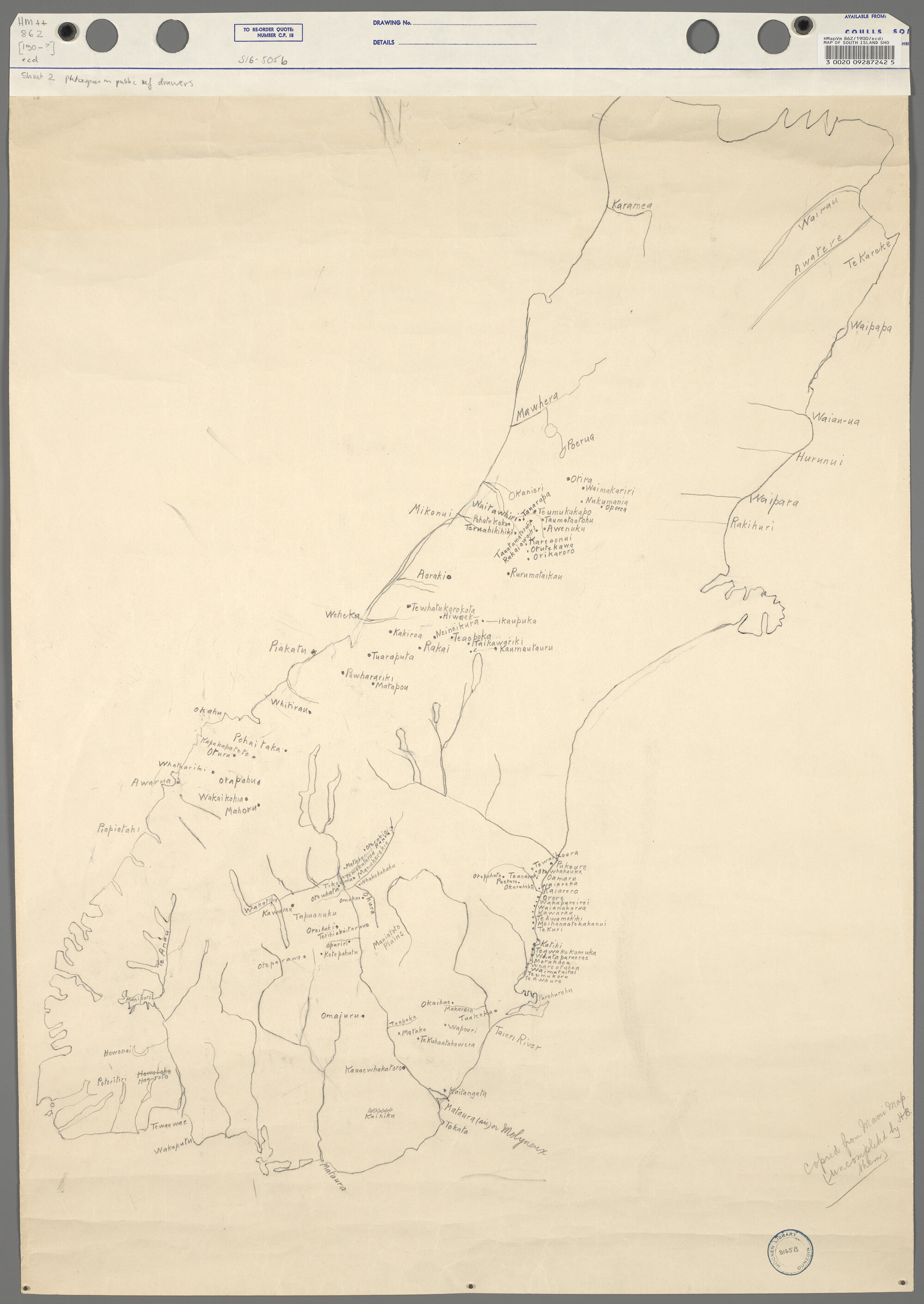 [Map of South Island showing Maori names: Copied from Maori Map ... / by James Herries Beattie]. Sheet 2.