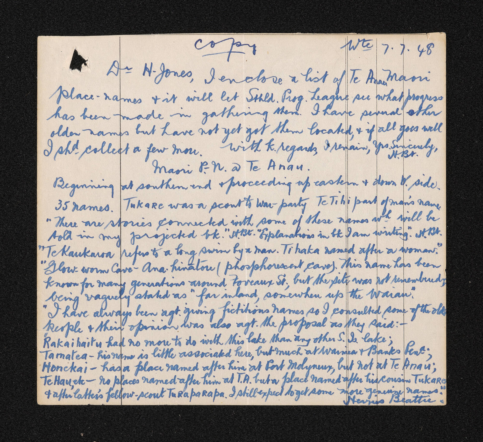 Letter, 7 July 1948, from Herries Beattie to Dr H. Jones