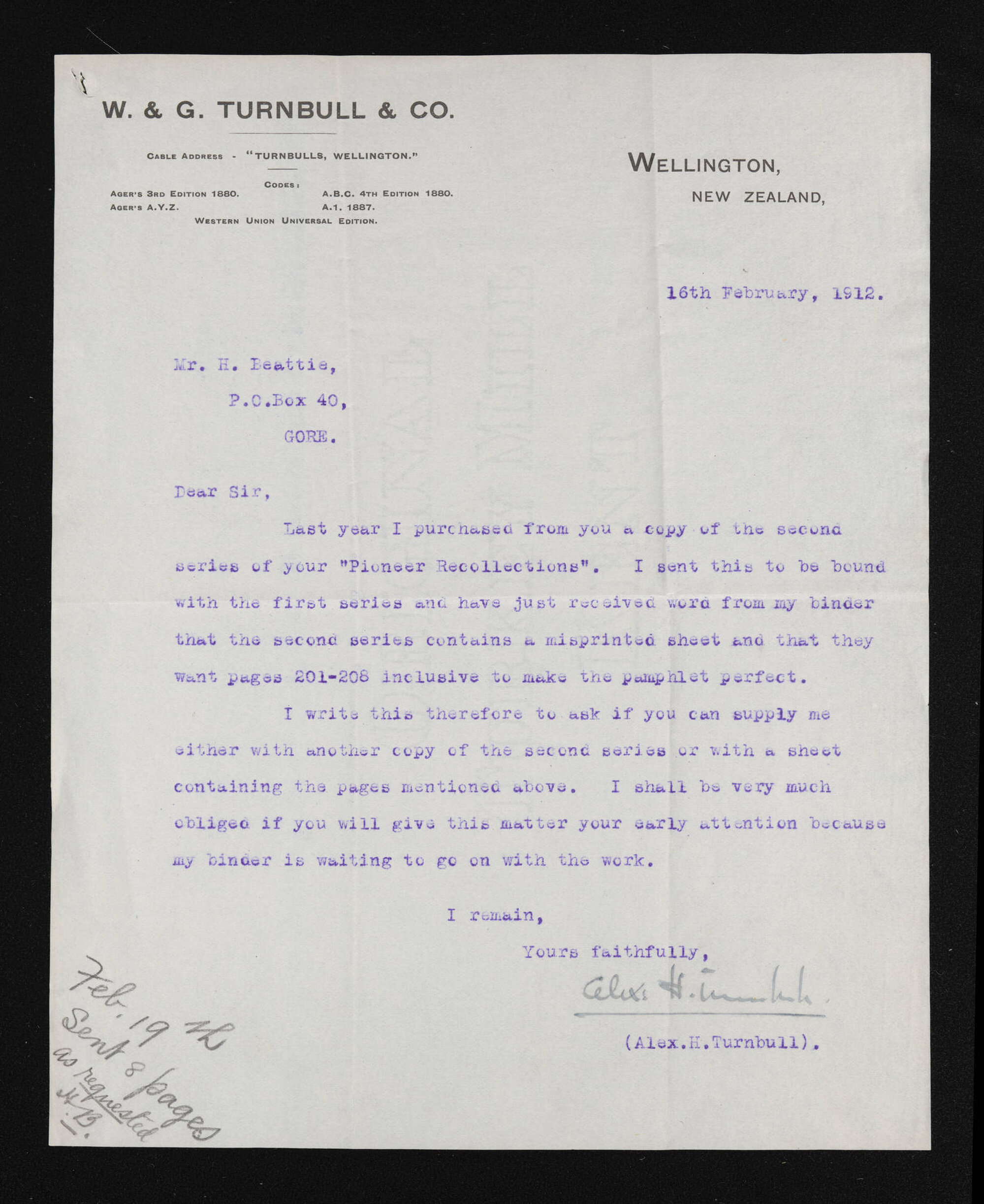 Letter, 16 February 1912, from Alexander Turnbull, to Herries Beattie