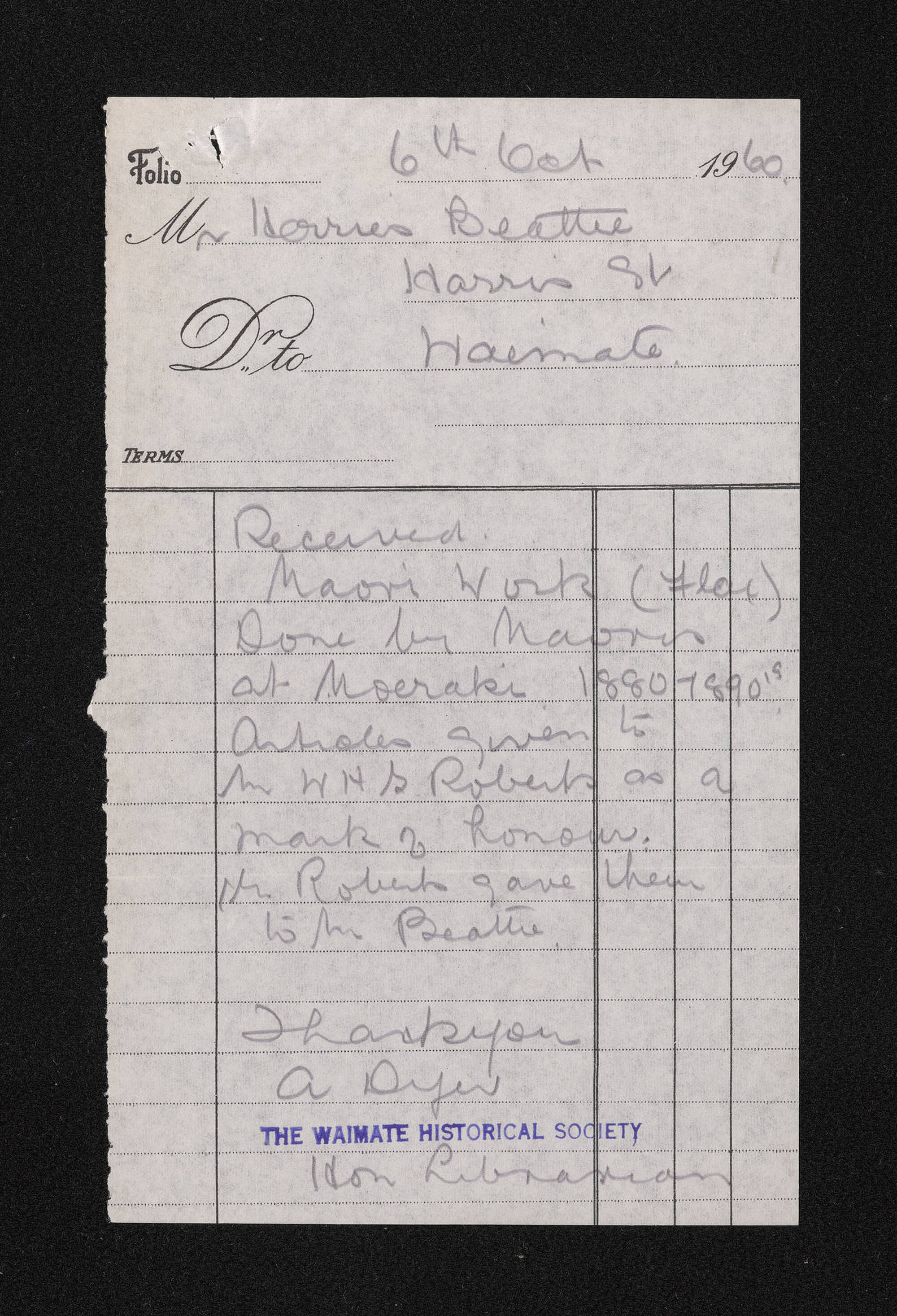Letter, 6 October 1960, from A Dyer, to Herries Beattie, regarding receipt of a piece of flax work done by Māori at Moeraki given to W.H.S Roberts as a mark of honour