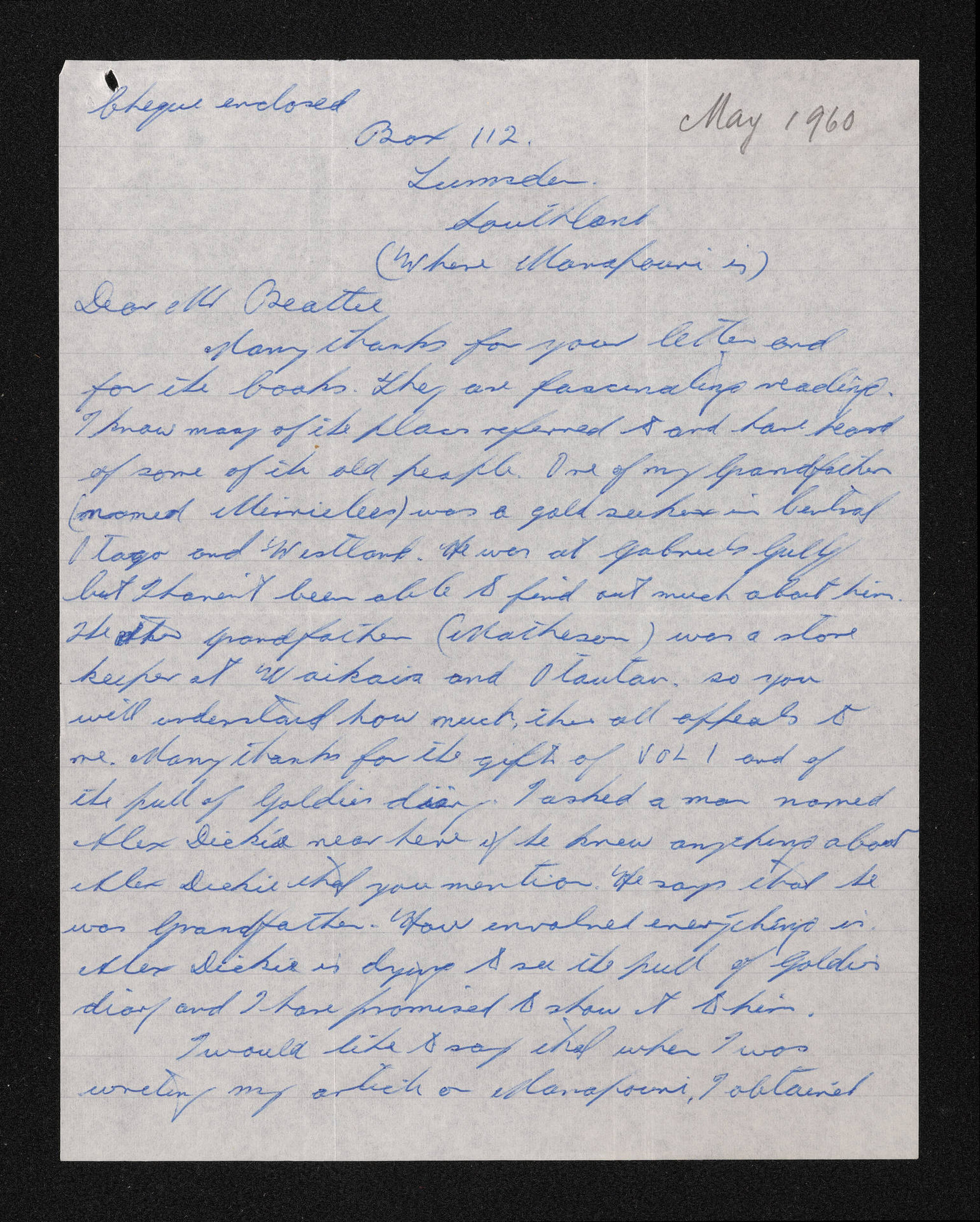 Letter, May 1960, from Don Matheson, to Herries Beattie