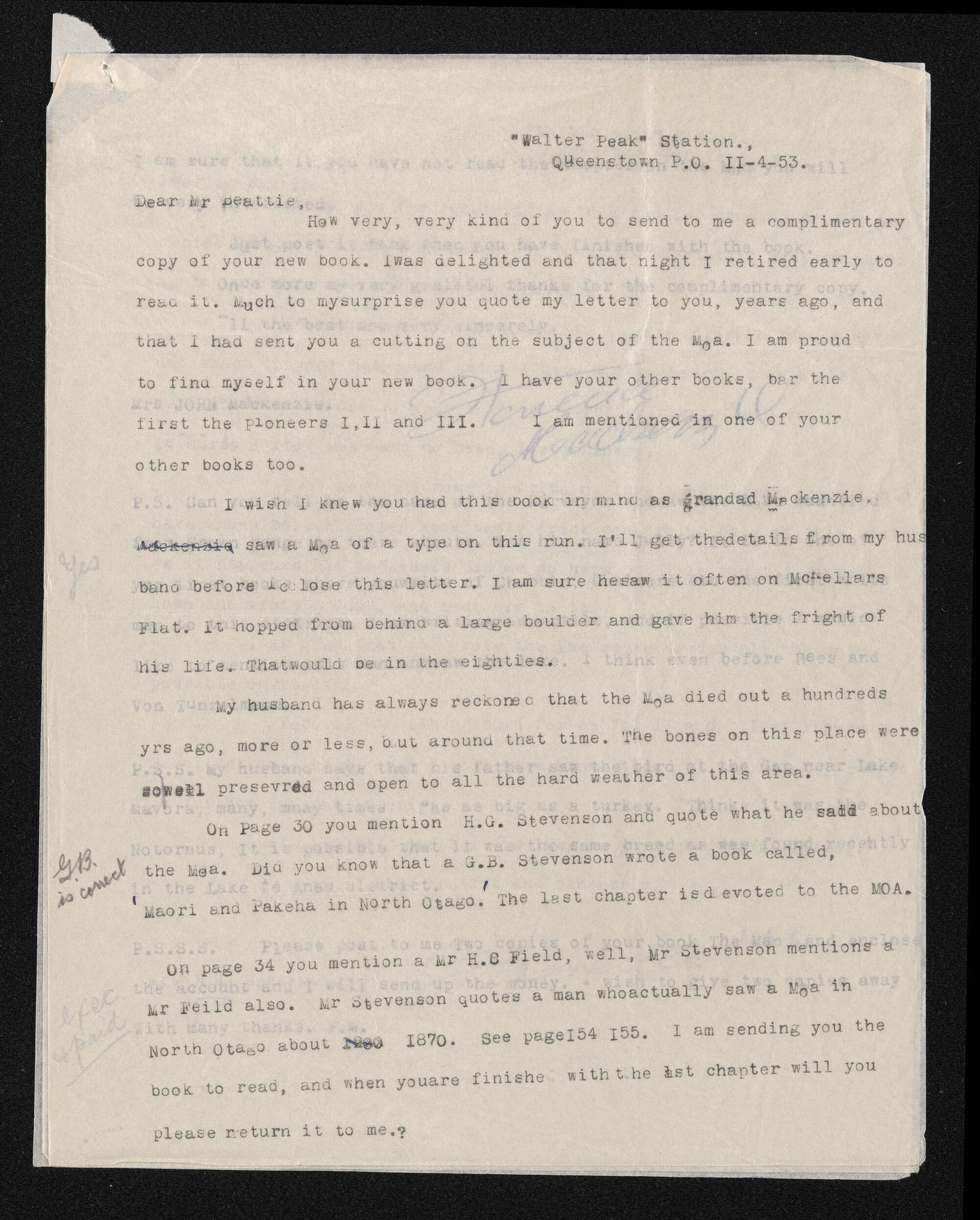 Letter, 11 April 1953, from Florence Mackenzie, to Herries Beattie