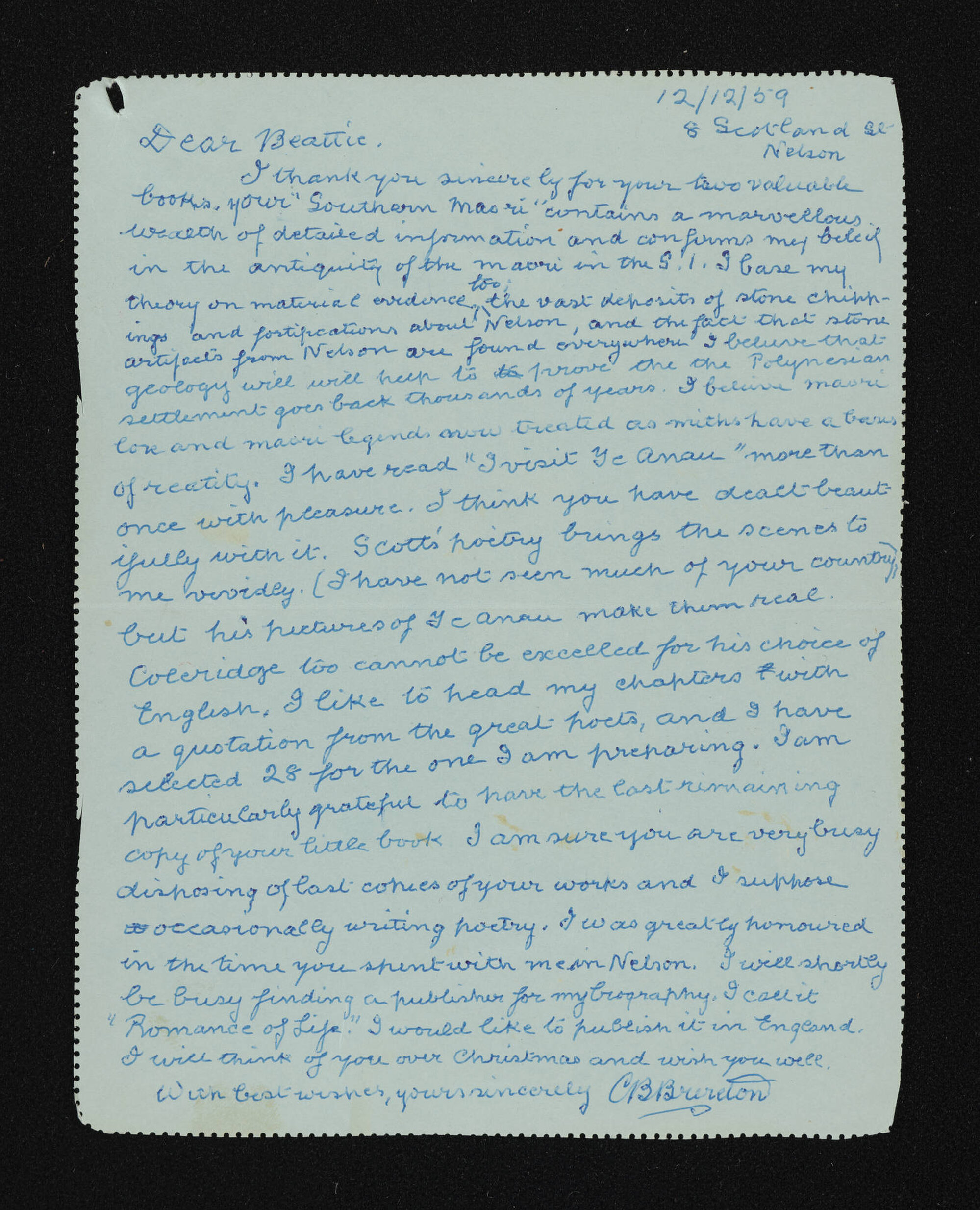 Letter, 12 December 1959, from C.B. Brereton, to Herries Beattie
