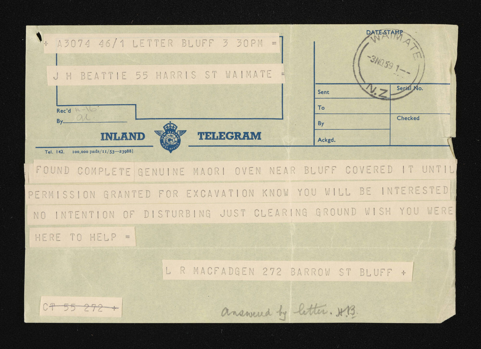 Telegram, [3 November 1959], from L.R. Macfadgen, to Herries Beattie