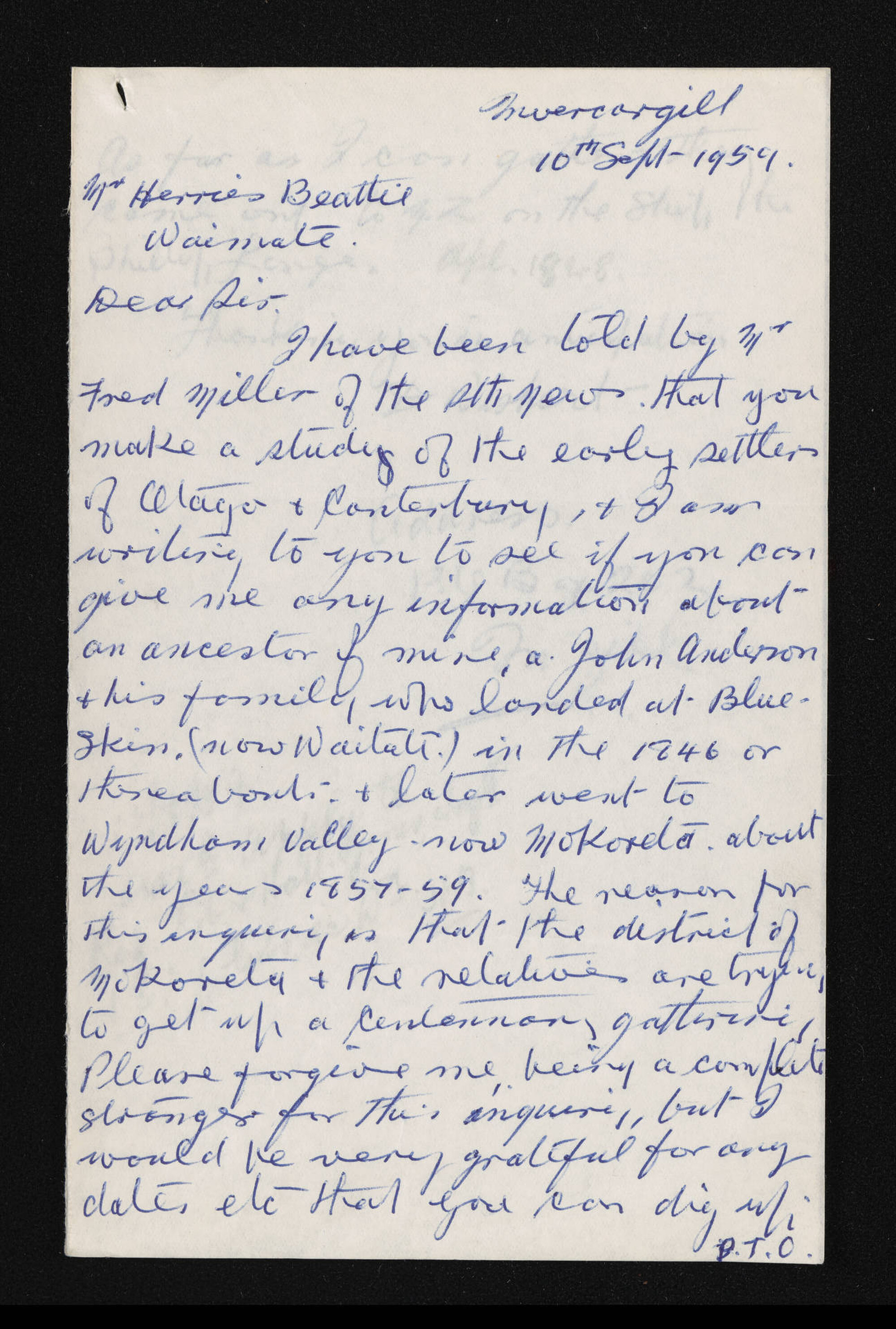 Letter, 10 September 1959, from D. Wishart, to Herries Beattie