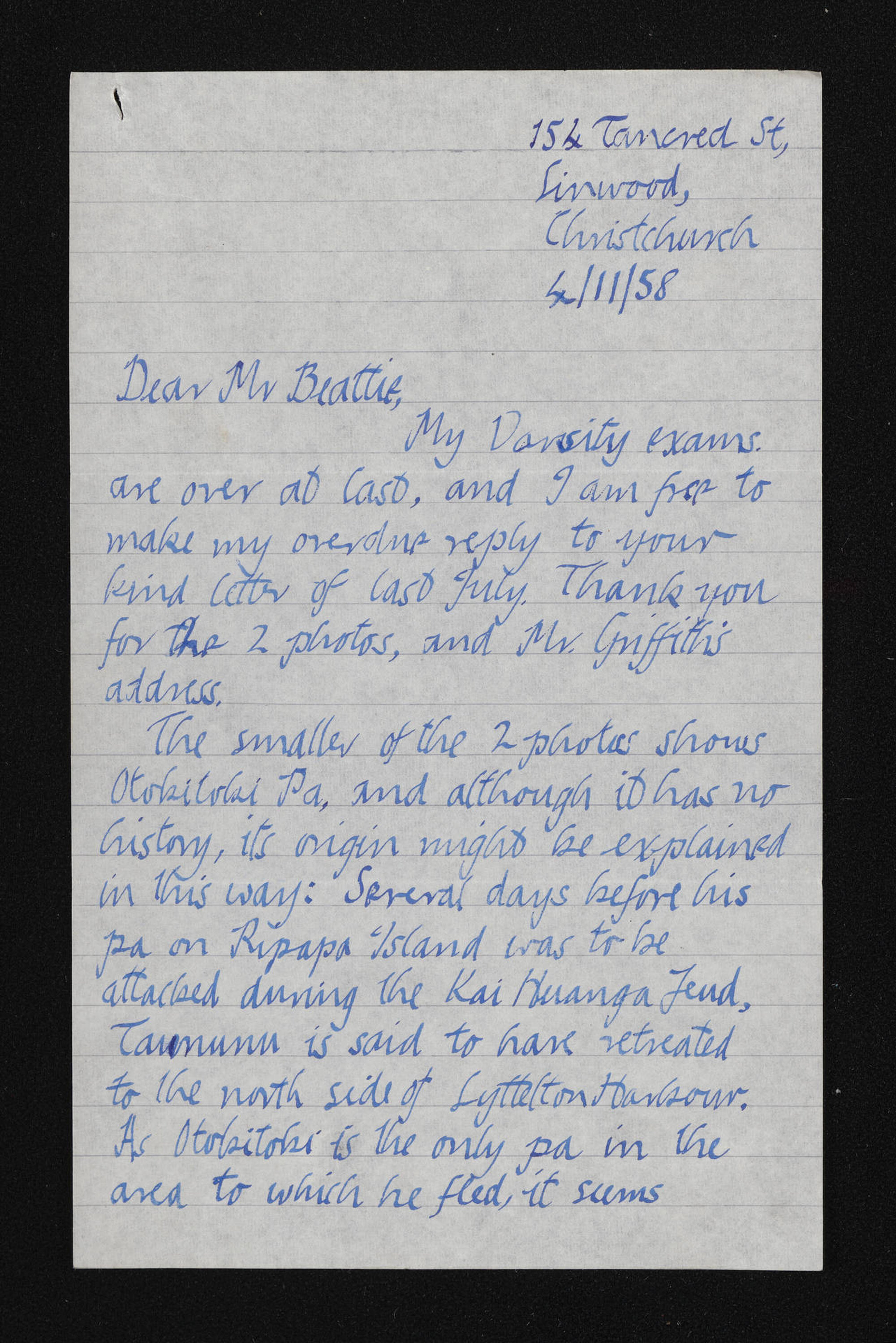 Letter, 4 November 1958, from Anthony Fomison, to Herries Beattie