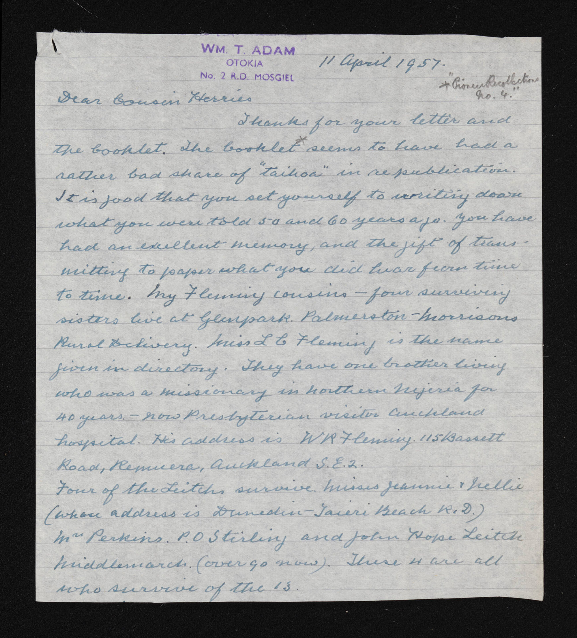 Letter, 11 April 1957, from William T. Adam, to Herries Beattie