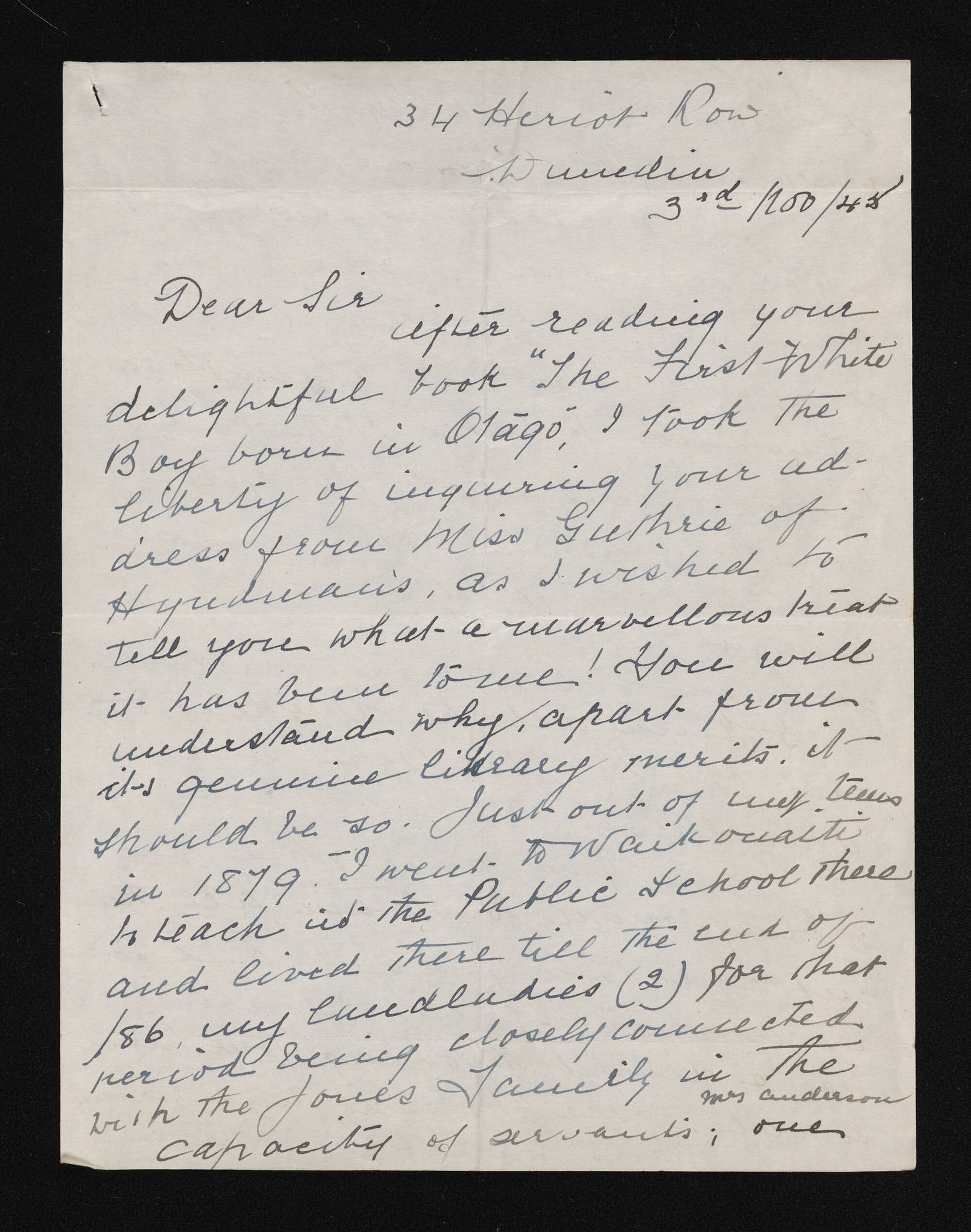 Letter, 3 November 1945, from Mrs H. Darton Fyfe, to Herries Beattie