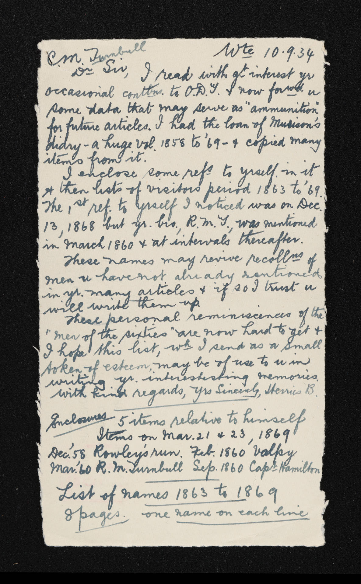 Copy of letter, 10 September 1934, from Herries Beattie, to C.M. Turnbull