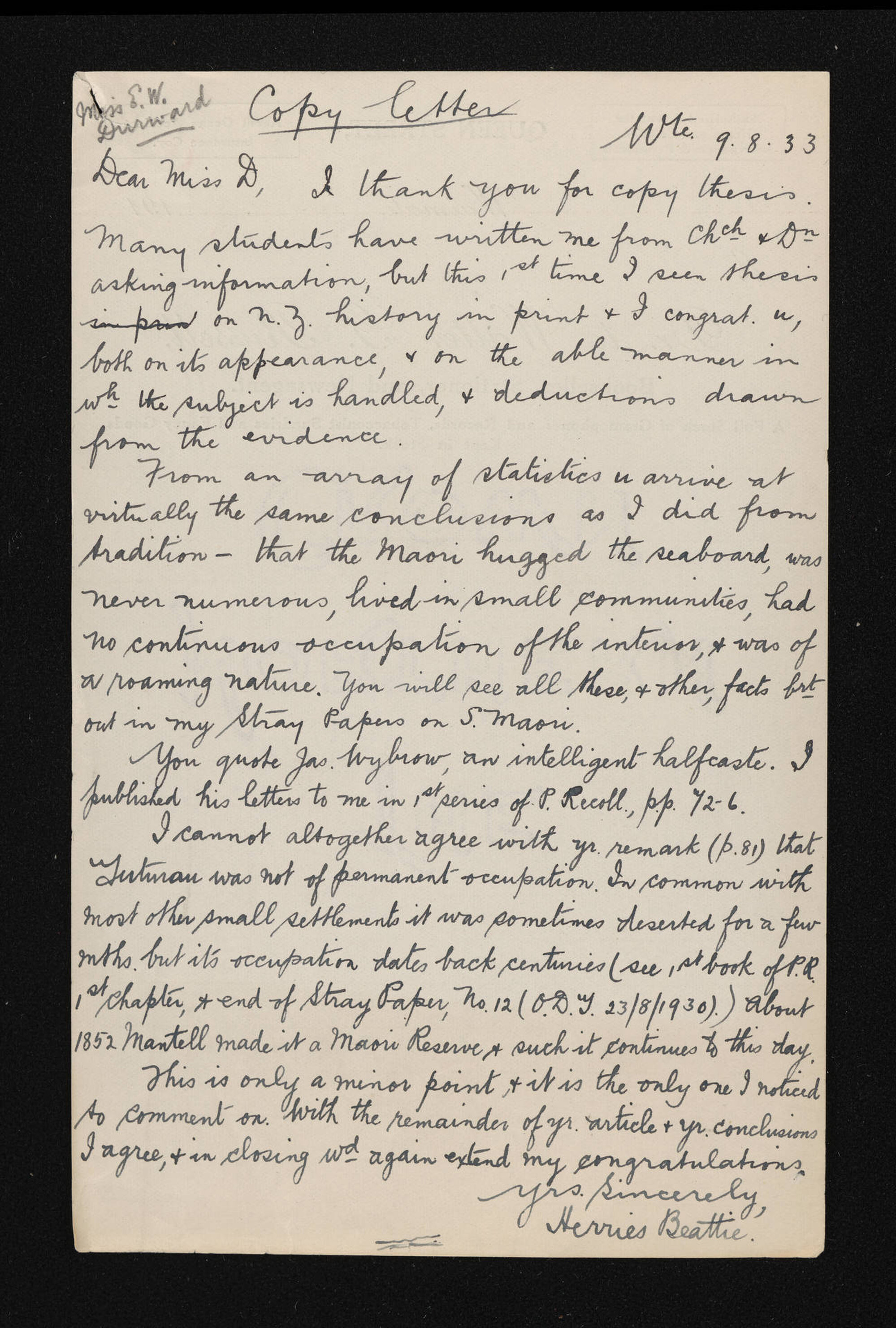Copy of letter, 9 August 1933, from Herries Beattie, to Elizabeth Durward