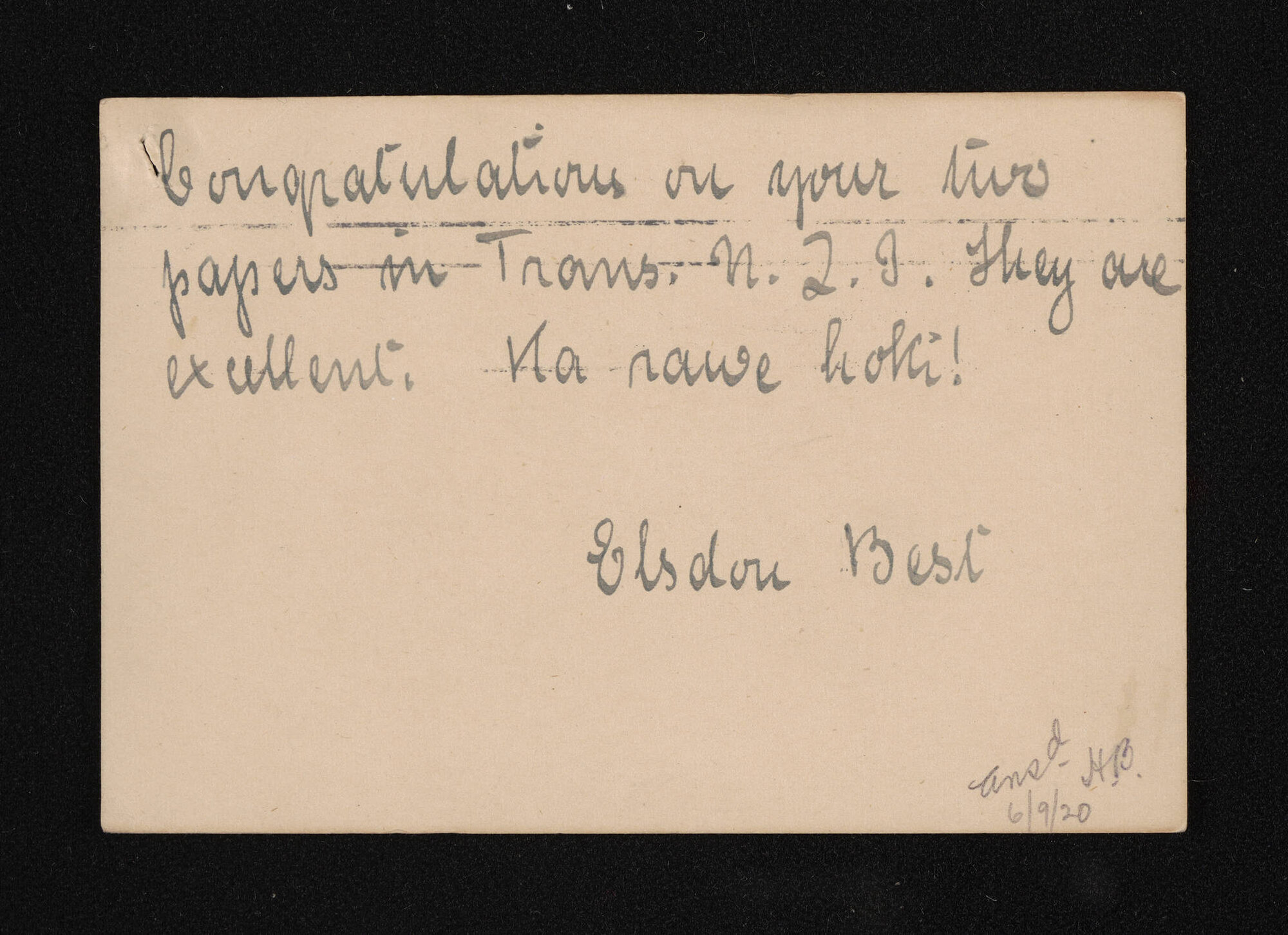Postcard, 6 September 1920, from Elsdon Best, to Herries Beattie