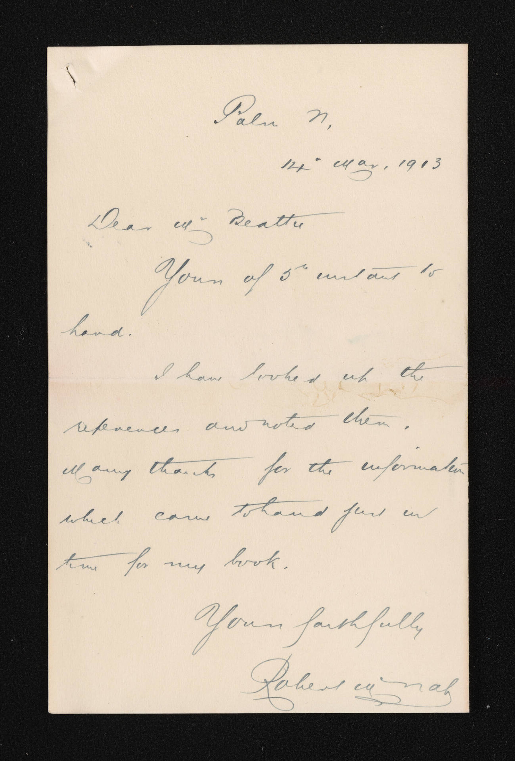Letter, 14 March 1913, from Robert McNab, to Herries Beattie