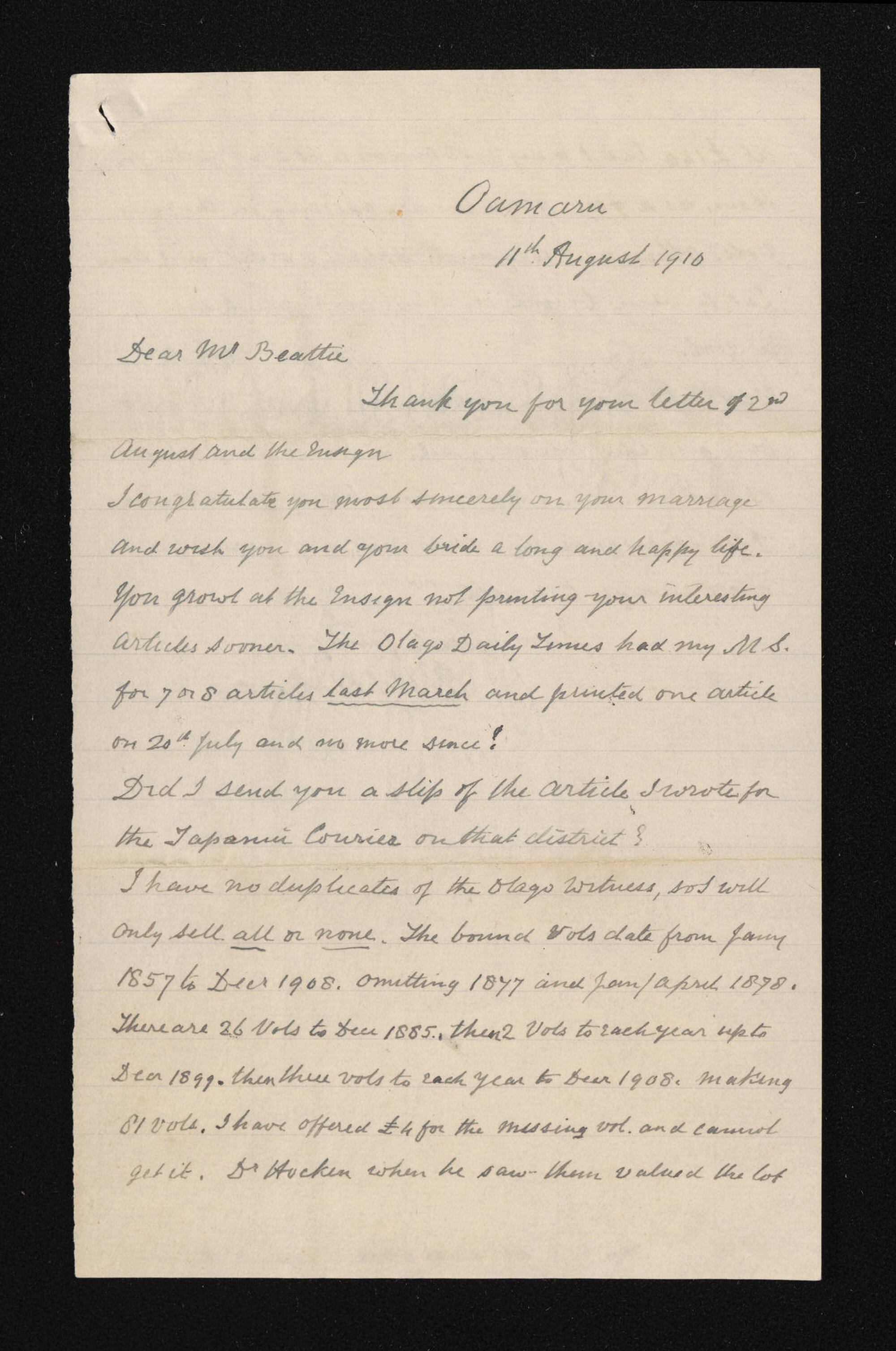 Letter, 11 August 1910, from W.H.S. Roberts, to Herries Beattie, and copy of article about Frederick Tuckett's flourmill