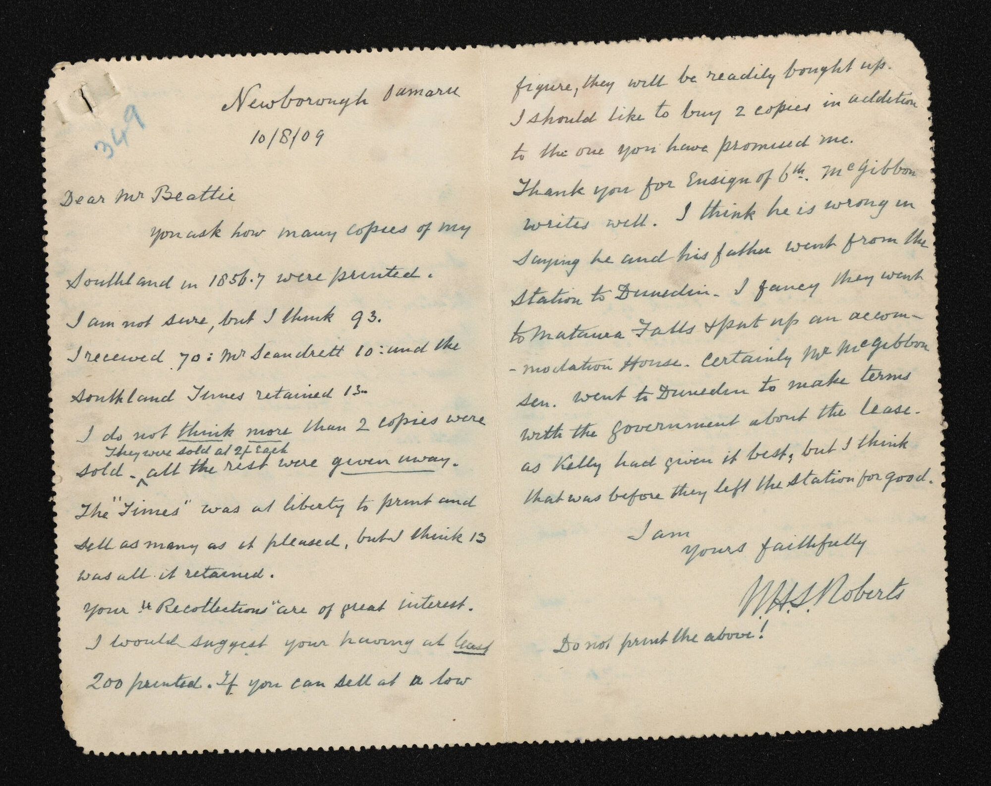 Letter, 10 August 1909, from W.H.S. Roberts, to Herries Beattie