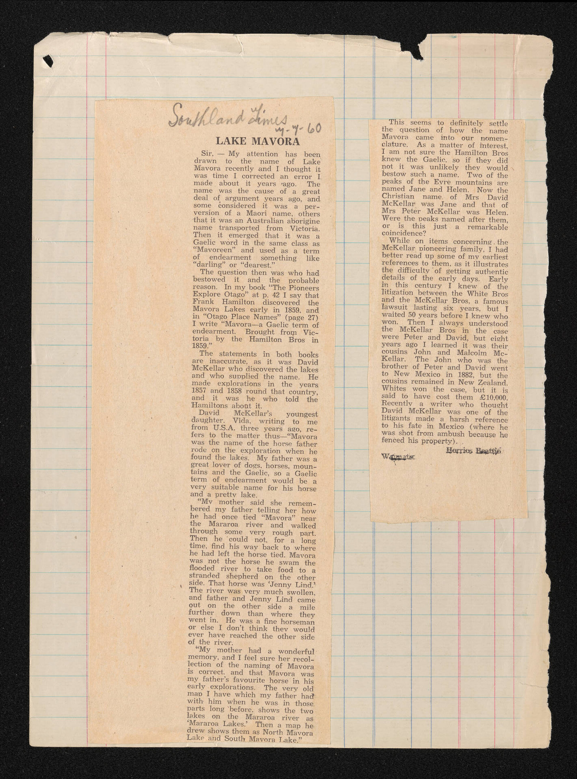 Newspaper clipping, [7 July 1960, Southland Times], regarding the name of Lake Mavora