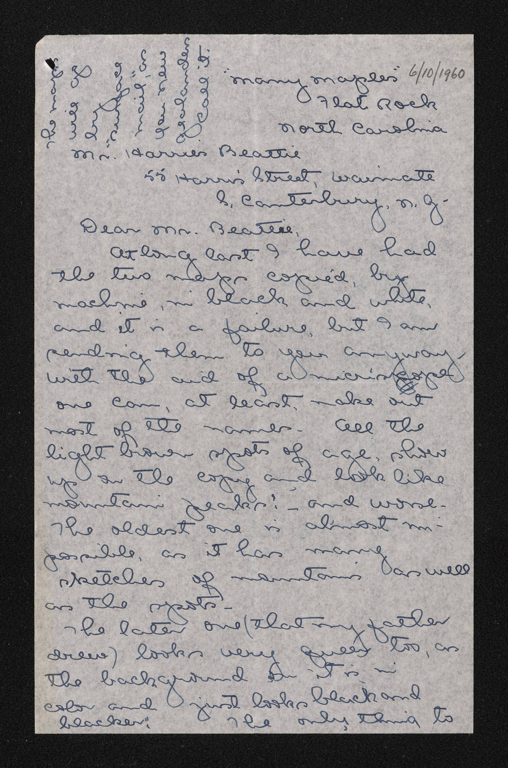 Letter, 6 October 1960, from Vida McKellar Grimshawe, to Herries Beattie