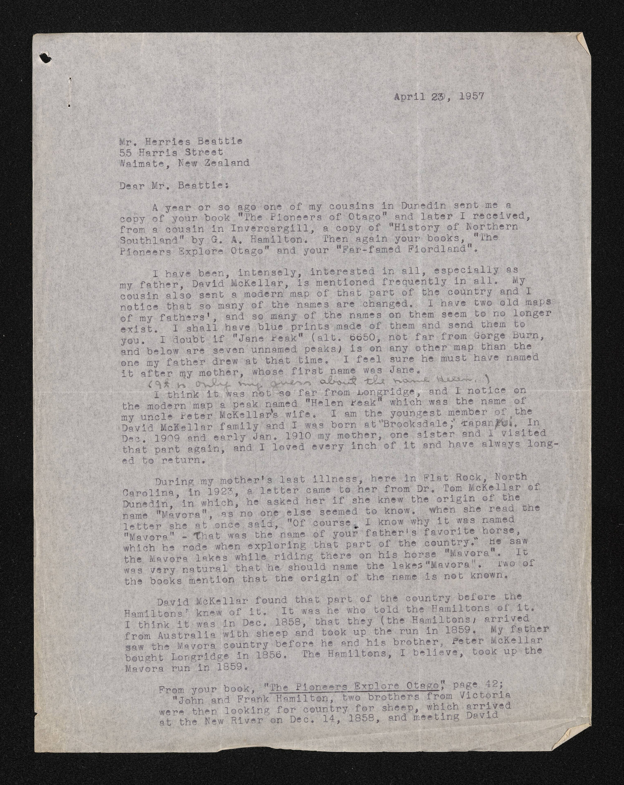 Letter, 23 April 1957, from Vida McKellar Grimshawe, to Herries Beattie