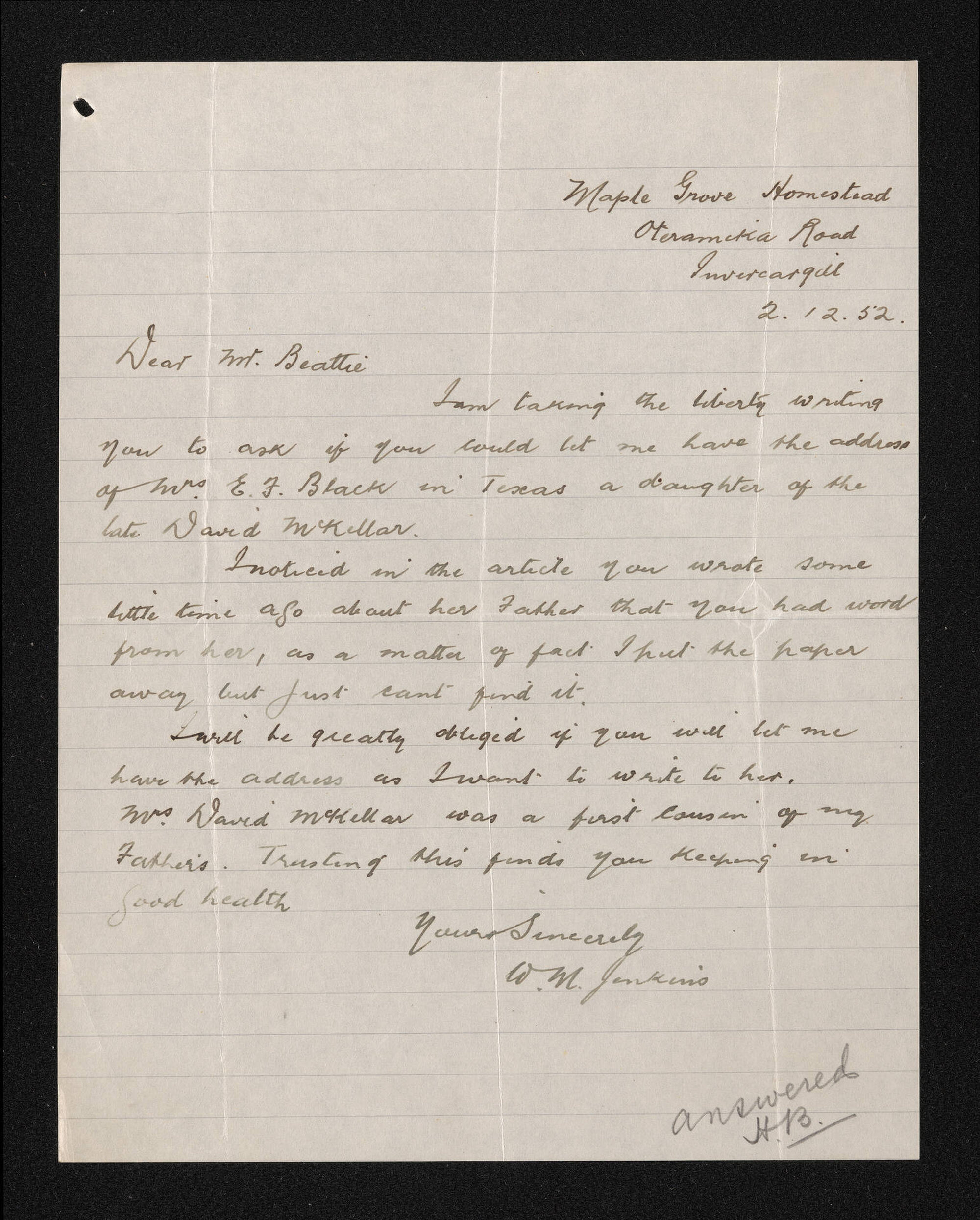Letter, 2 December 1952, from W.M. Jenkins, to Herries Beattie