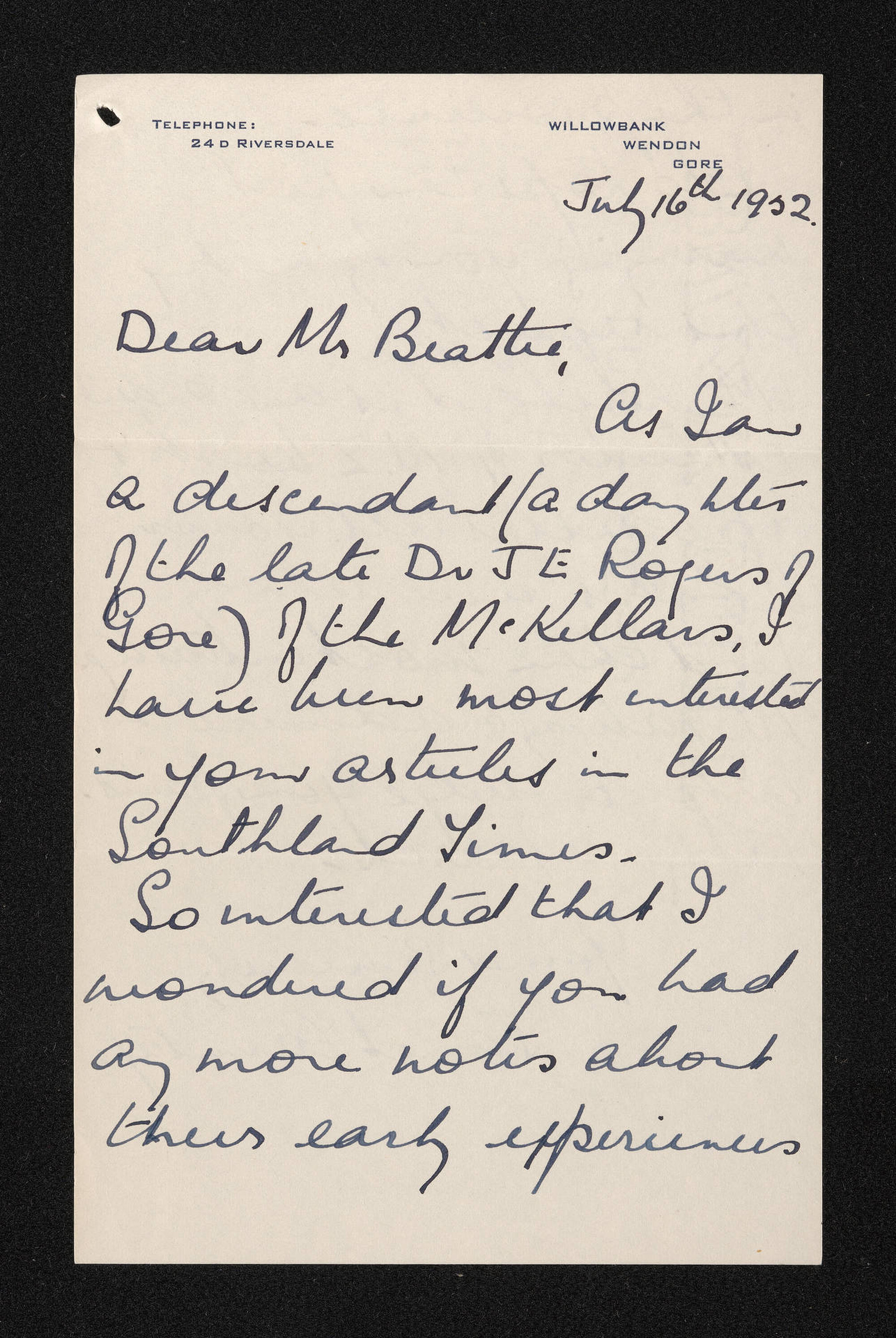 Letter, 16 July 1952, from Janet Armitage, to Herries Beattie