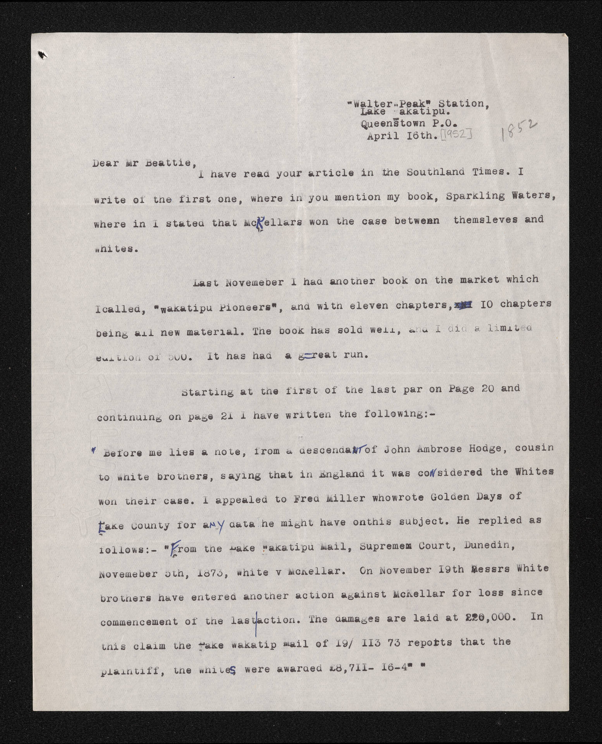 Letter, 16 April [1952], from Mrs John Mackenzie, to Herries Beattie