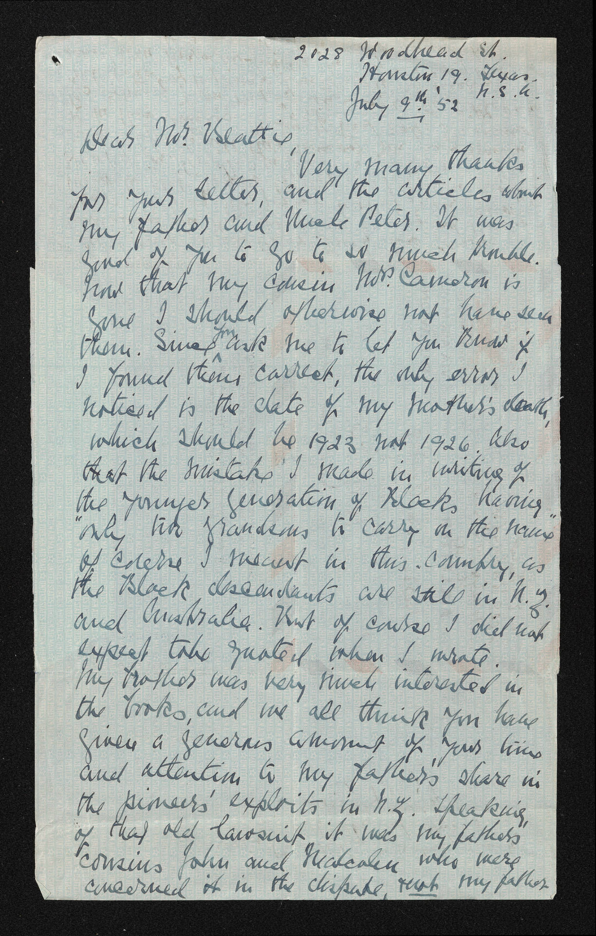 Letter, 9 July 1952, from Florence Black, to Herries Beattie
