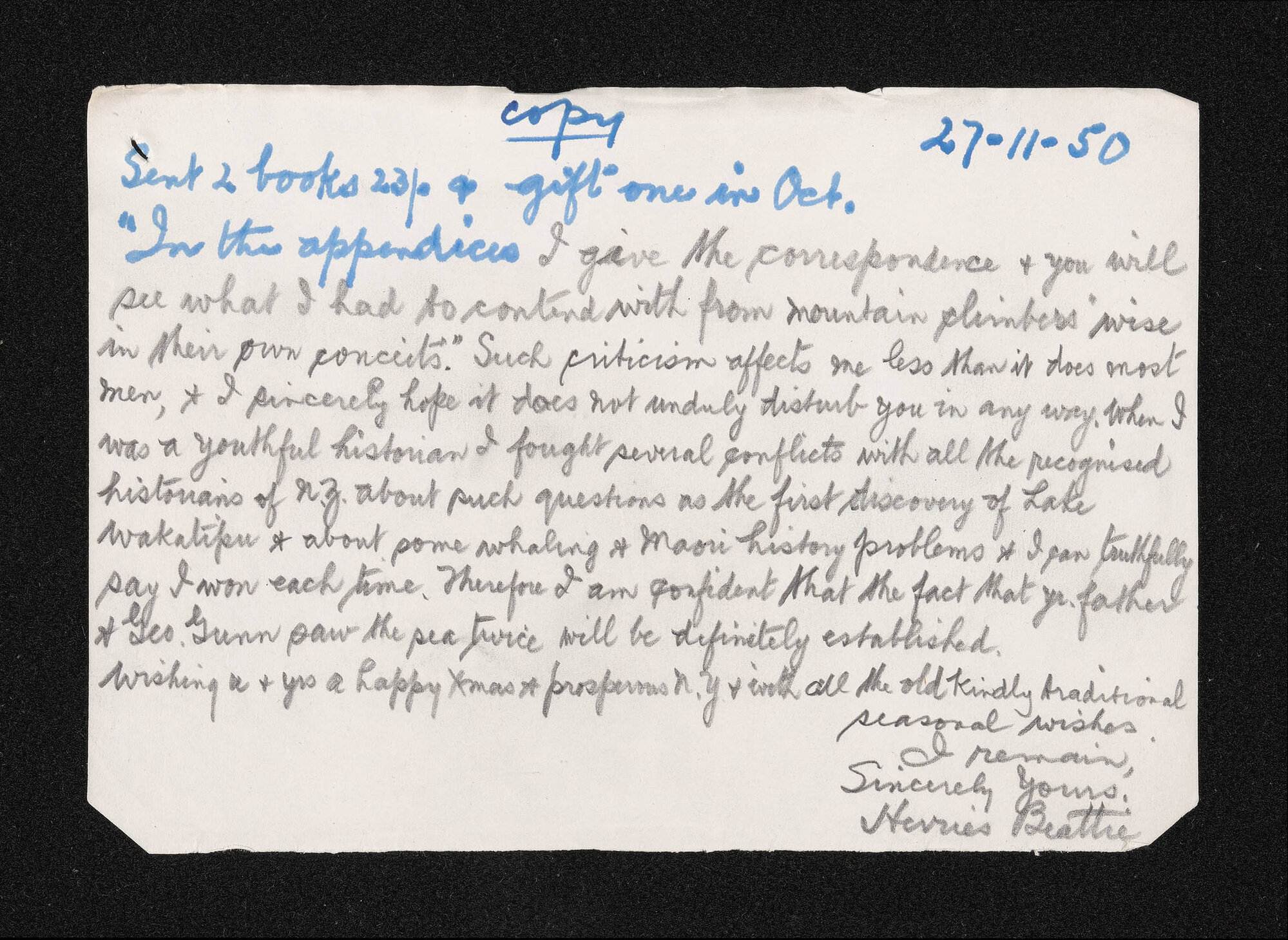 Copy of letter, 27 November 1950, from Herries Beattie, to Florence Black