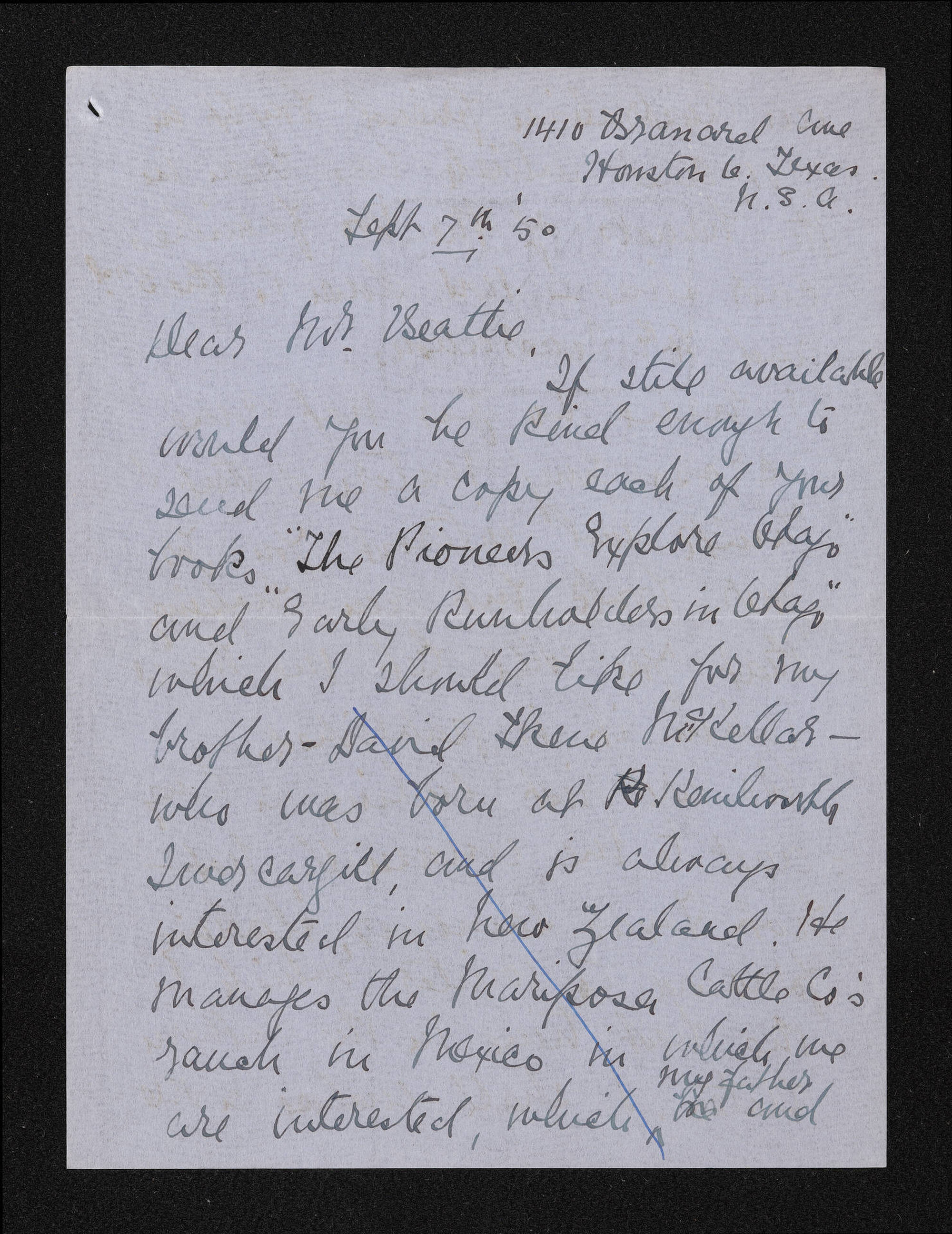Letter, 7 September 1950, from Florence Black, to Herries Beattie