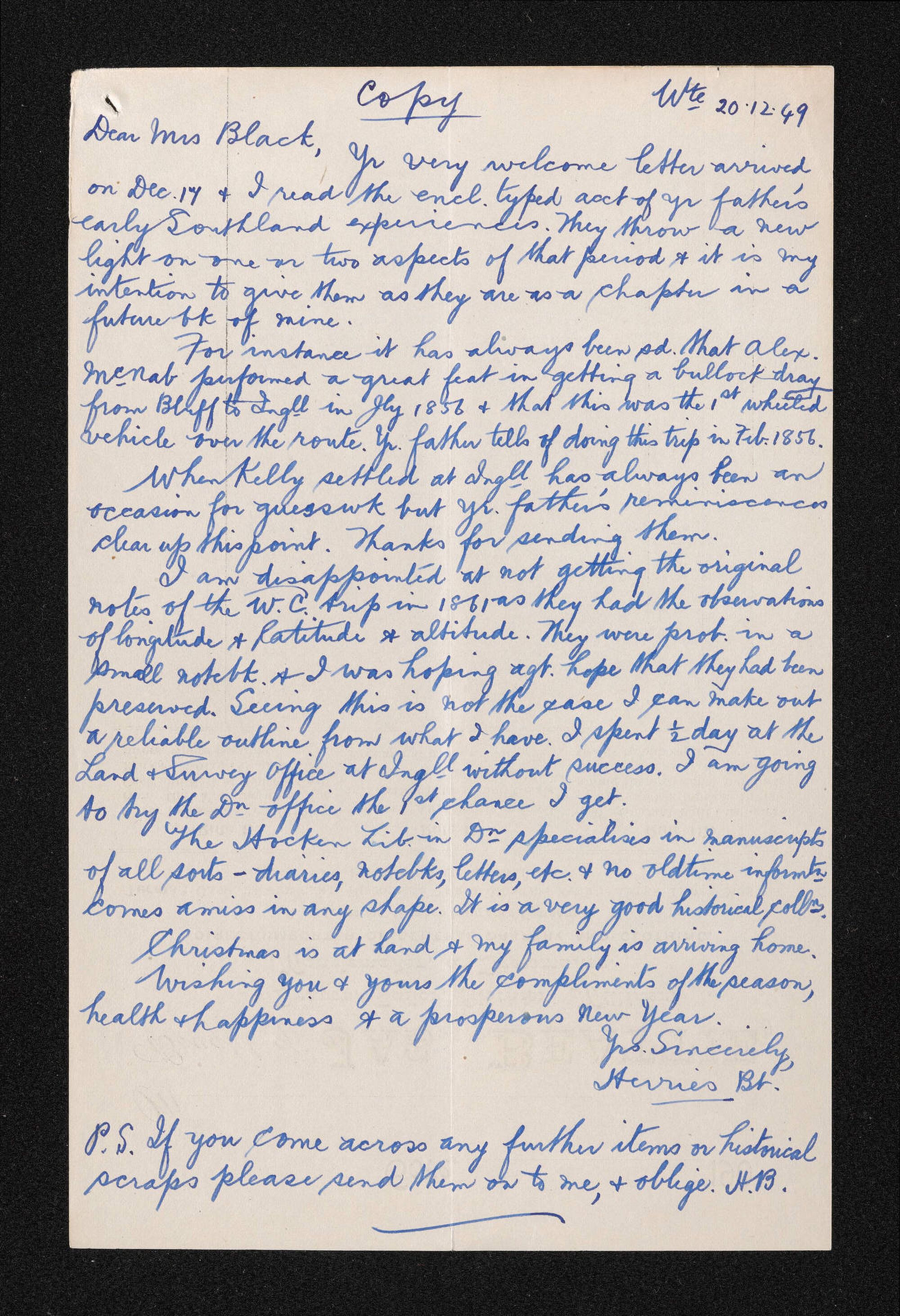 Copy of letter, 20 December 1949, from Herries Beattie, to Florence Black
